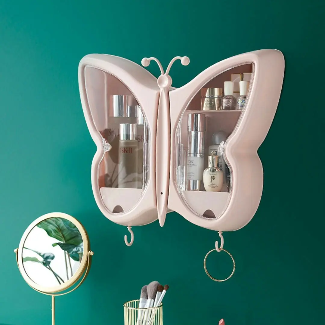 Soga Pink Butterfly Shape Wall-Mounted Makeup Organiser Dustproof Waterproof Bathroom Storage Box Home Decor