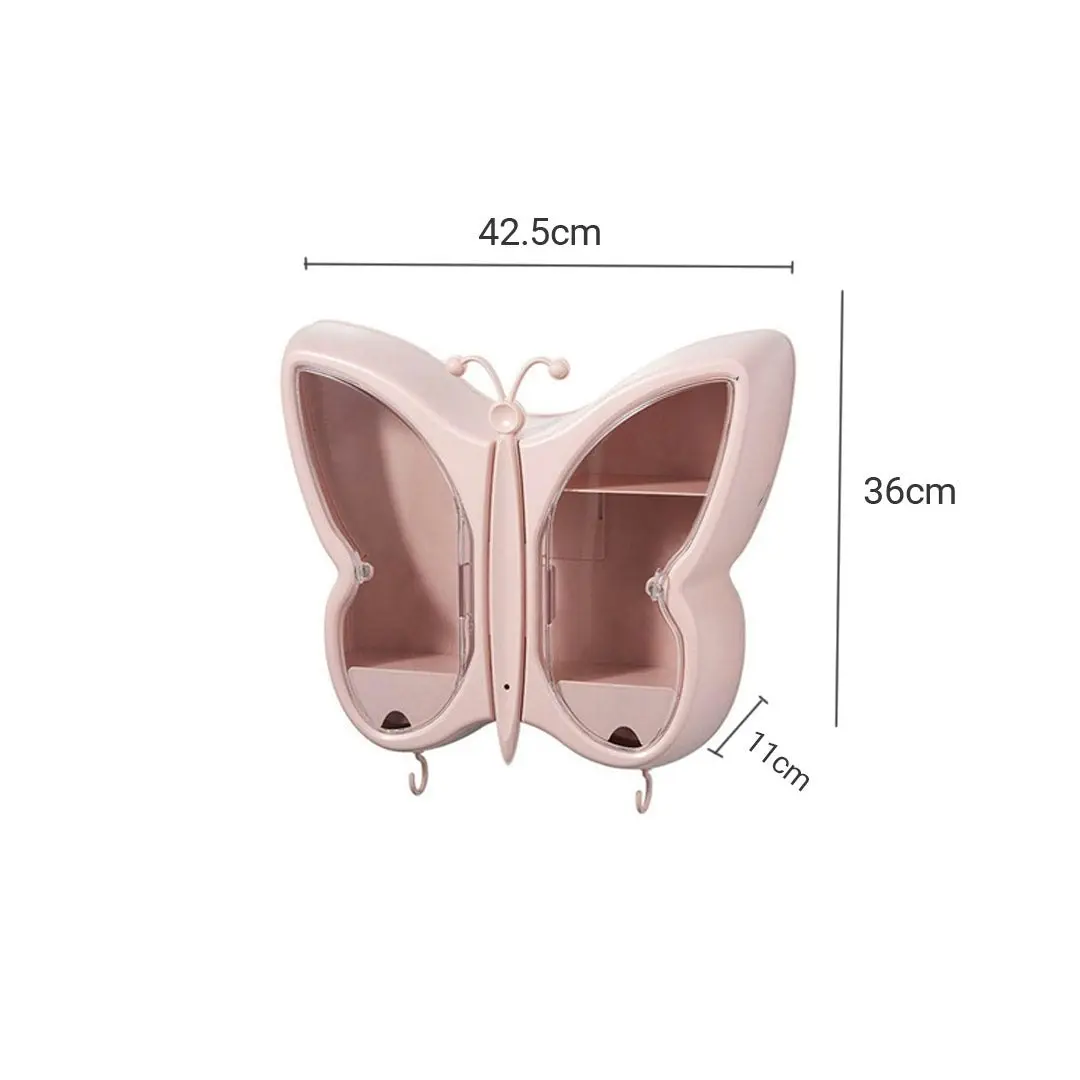 Soga Pink Butterfly Shape Wall-Mounted Makeup Organiser Dustproof Waterproof Bathroom Storage Box Home Decor