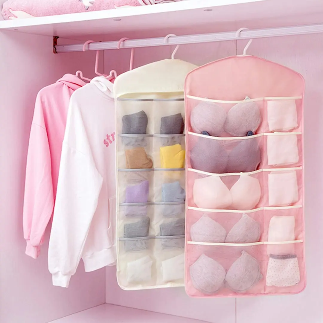 Soga Pink Double Sided Hanging Storage Bag Underwear Bra Socks Mesh Pocket Hanger Home Organiser