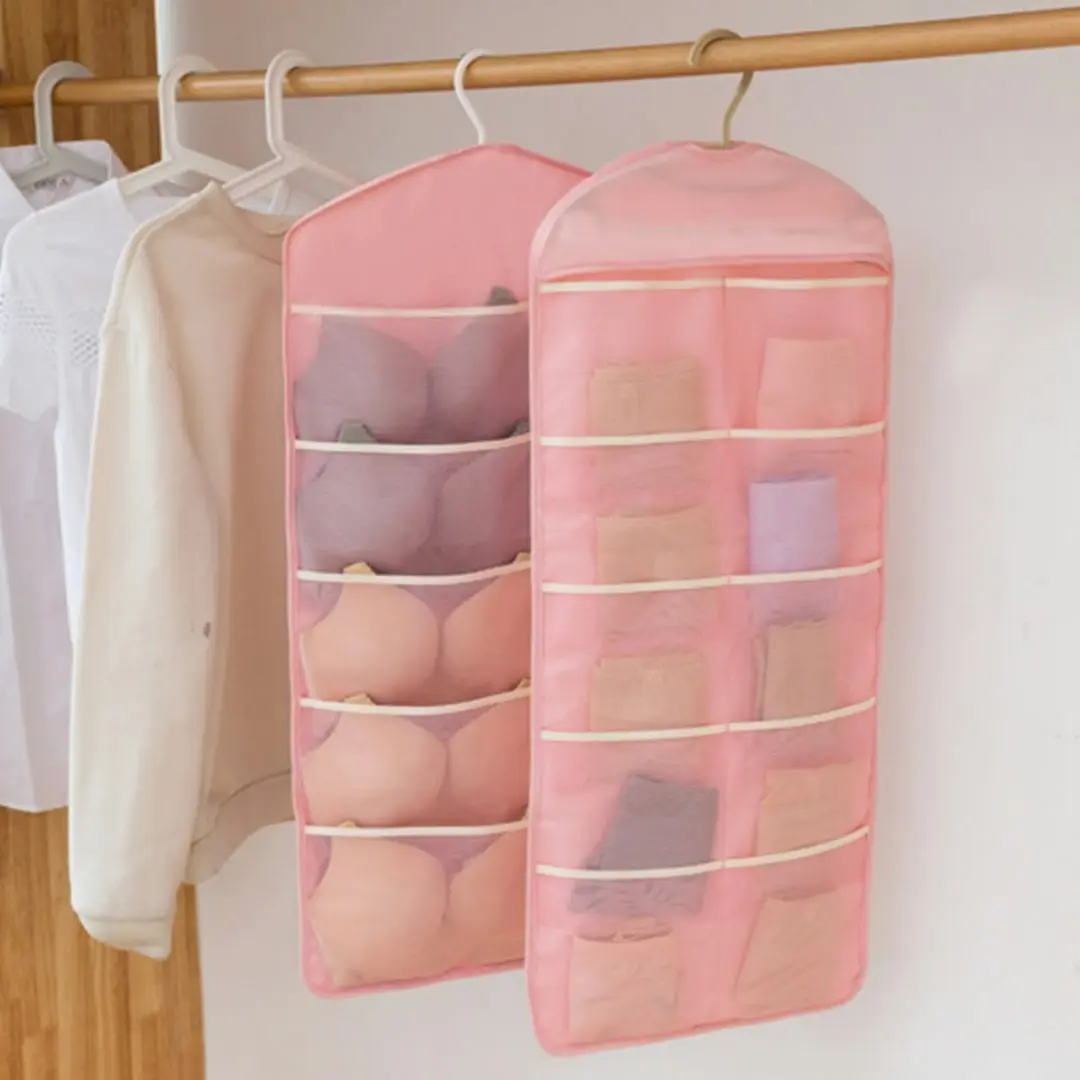 Soga Pink Double Sided Hanging Storage Bag Underwear Bra Socks Mesh Pocket Hanger Home Organiser