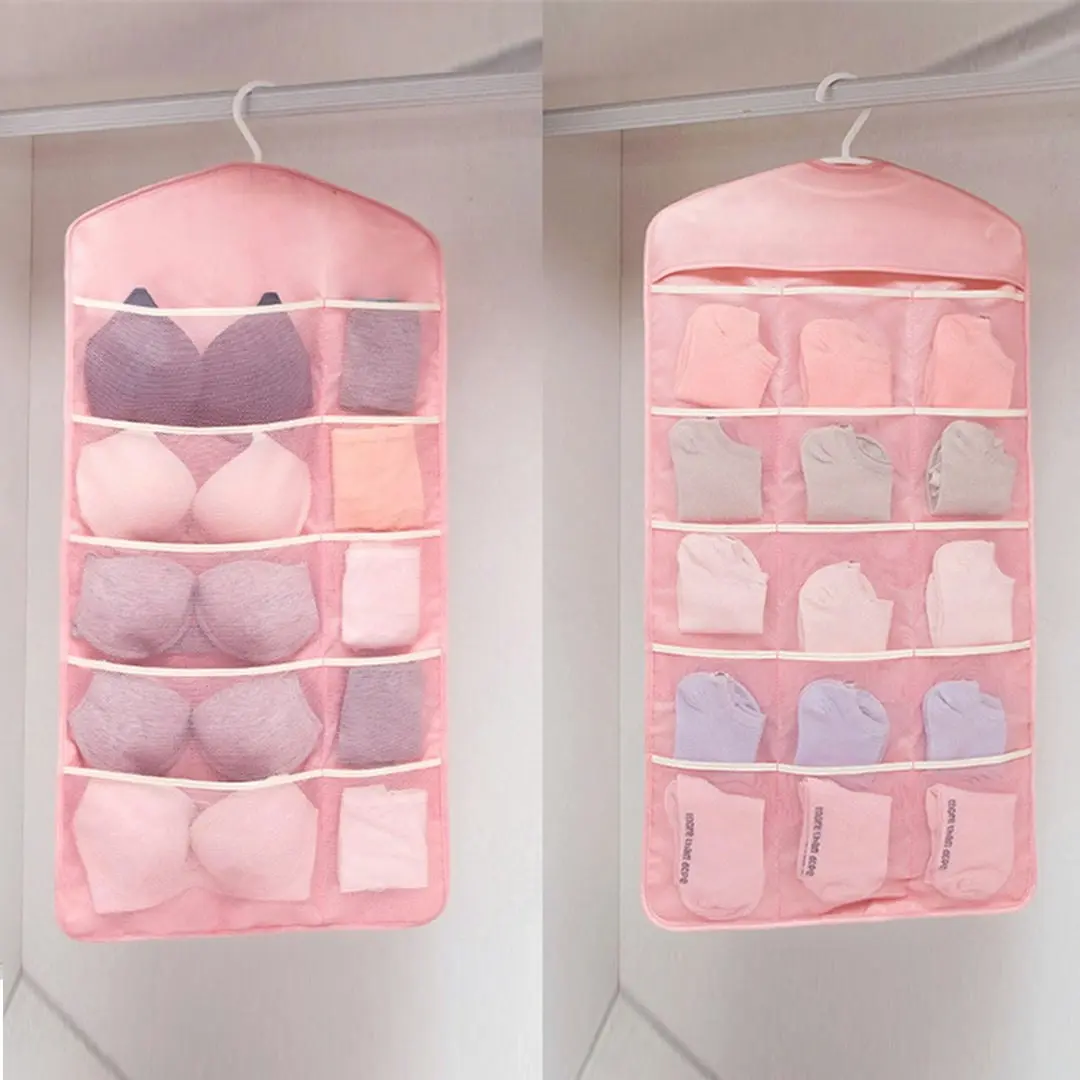 Soga Pink Double Sided Hanging Storage Bag Underwear Bra Socks Mesh Pocket Hanger Home Organiser