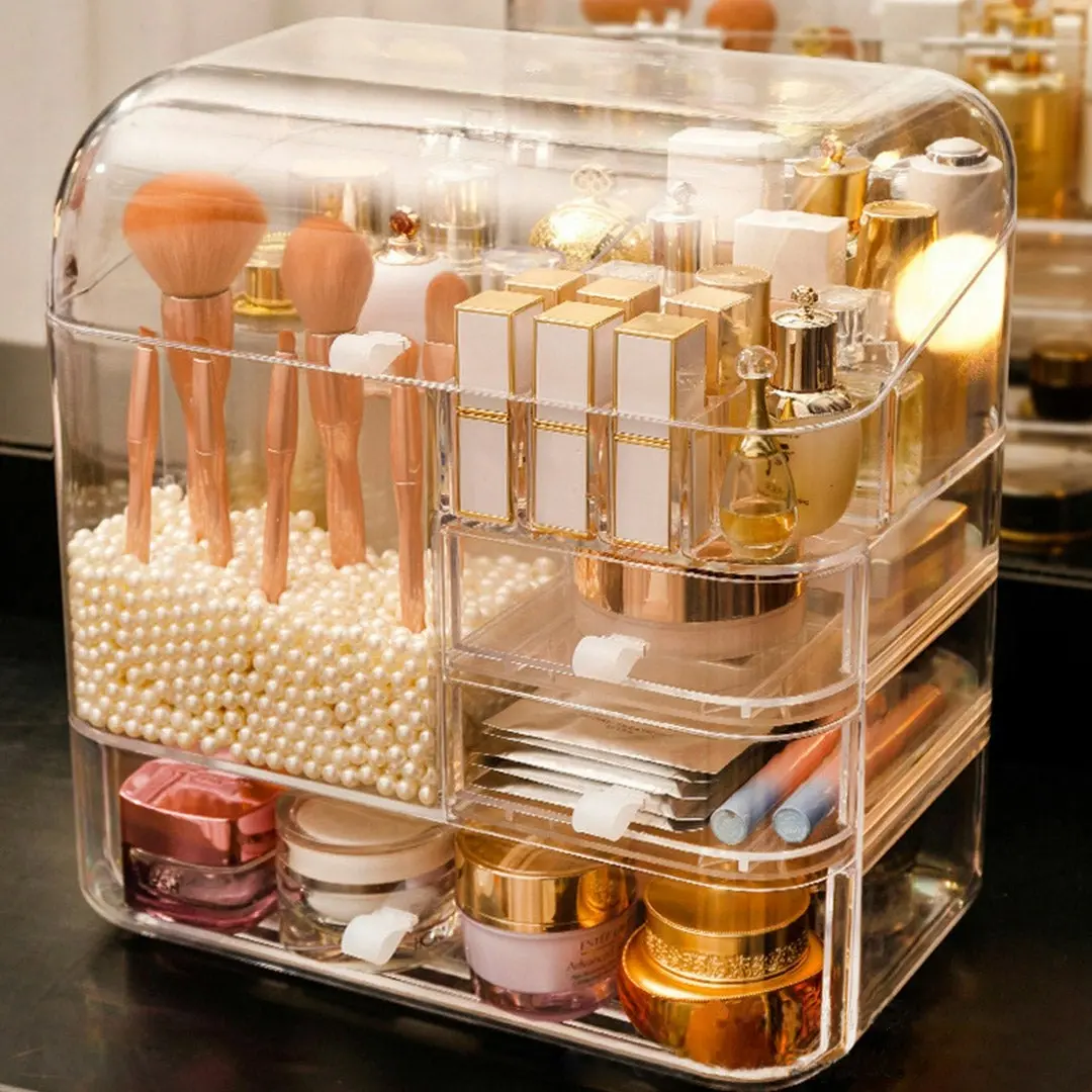 Soga Transparent Cosmetic Storage Box Clear Makeup Skincare Holder with Lid Drawers Waterproof  Dustproof Organiser with Pearls