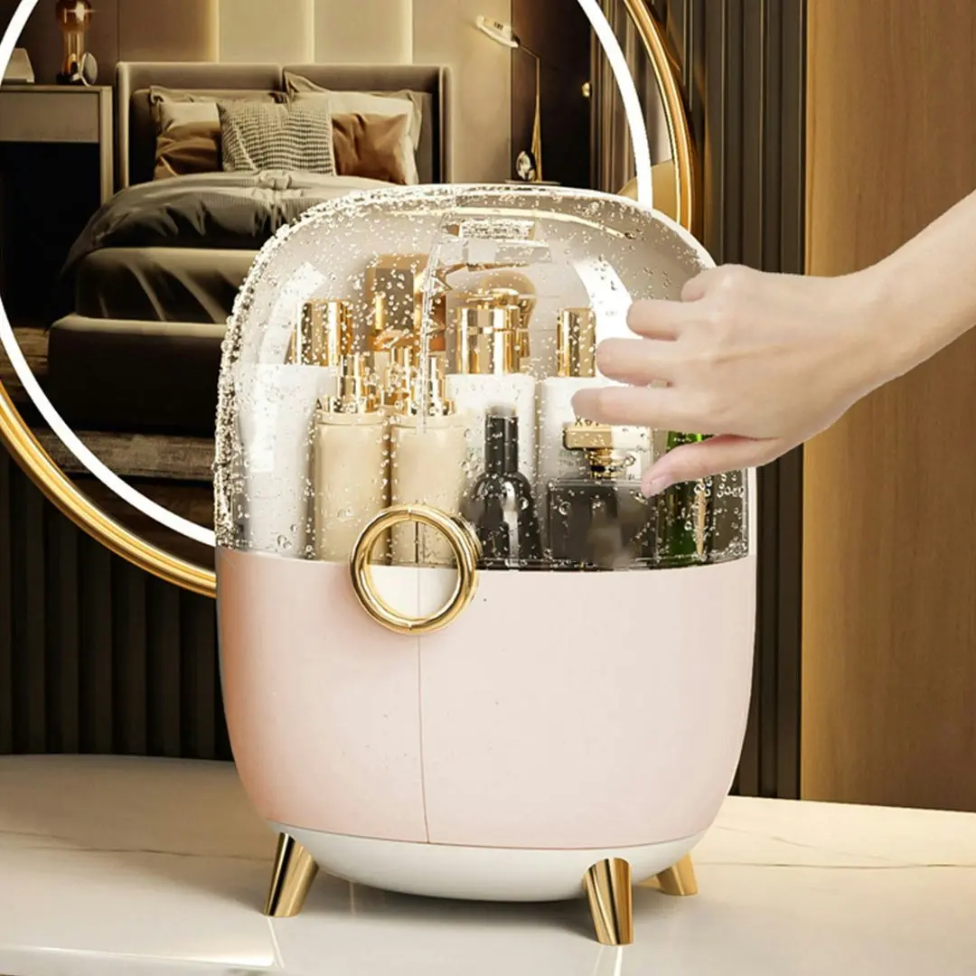 Soga Pink Transparent Countertop Makeup Organiser Cosmetic Storage Waterproof Dustproof Bathroom Skincare Holder with Lid