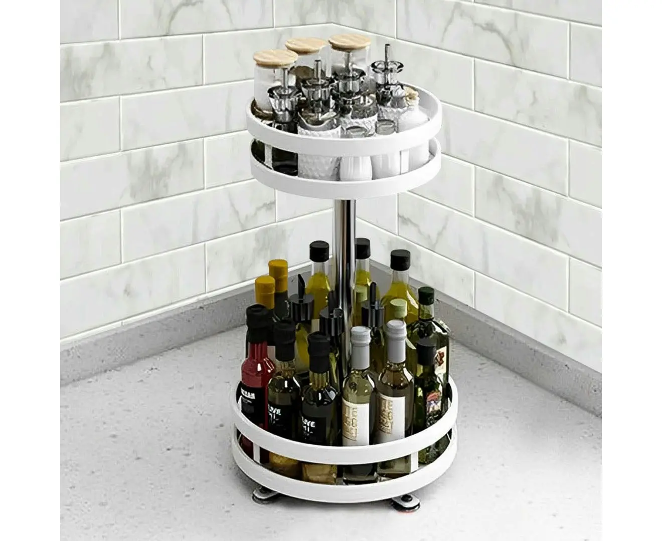 Soga 2 Tier Steel White Round Rotating Multi-Function Kitchen Portable Storage Spice Seasoning Kitchen Countertop Organiser Shelf