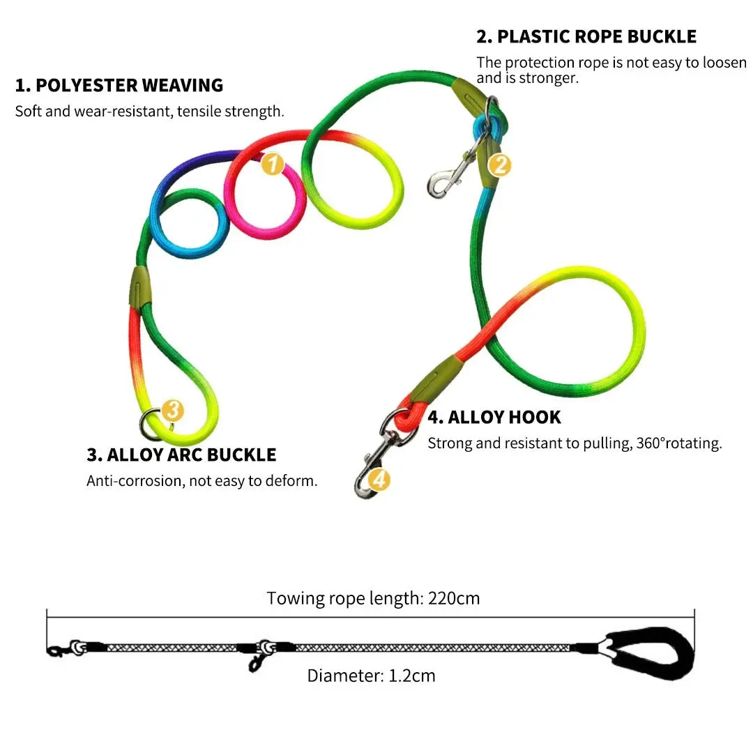 Soga 220cm Multifunction Hands-Free Rope Pet Cat Dog Puppy Double Ended Leash for Walking Training Tracking Obedience Rainbow