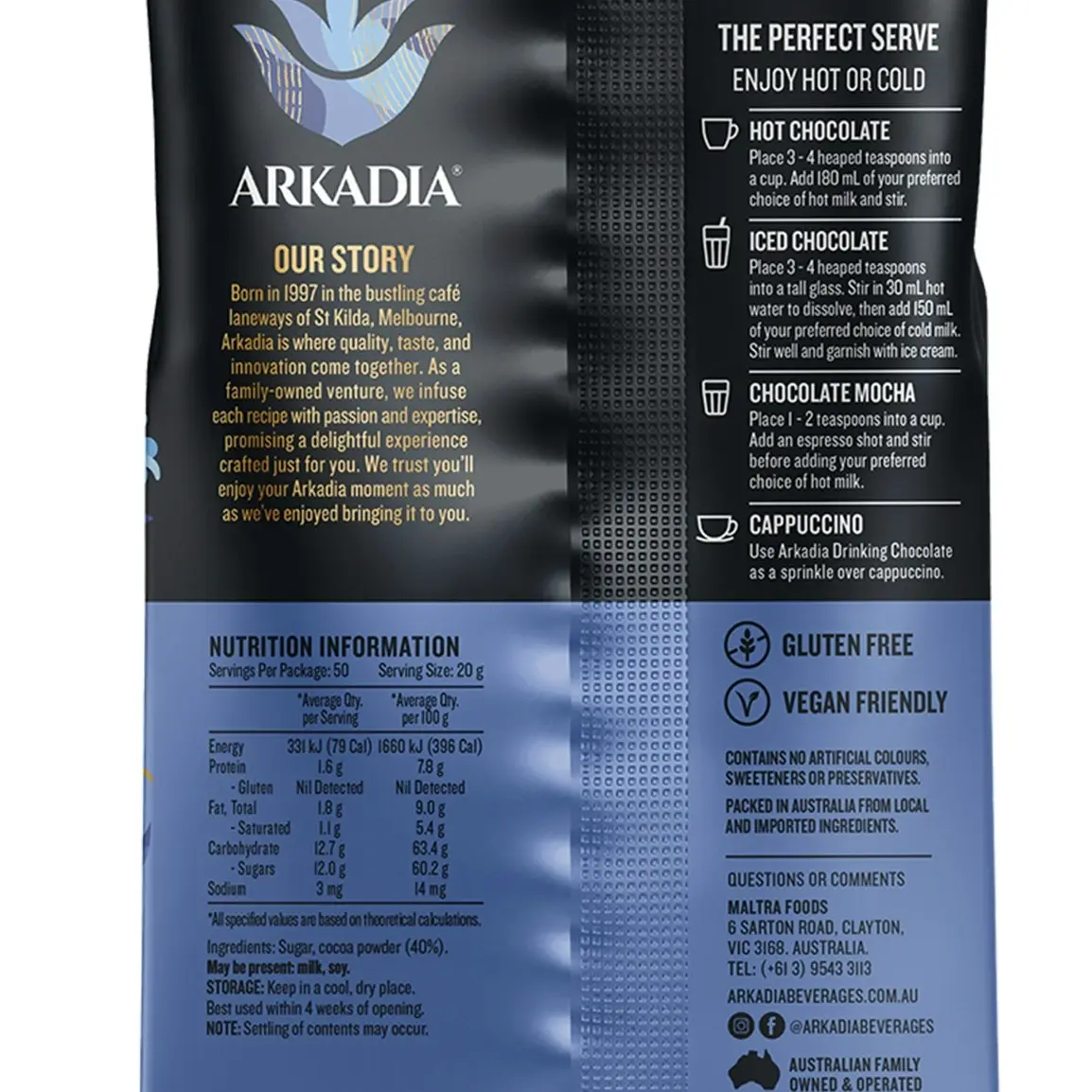 Arkadia 1kg 40% Cocoa Hot/Cold Drinking Chocolate Powder Intensity 5 Dark Blend