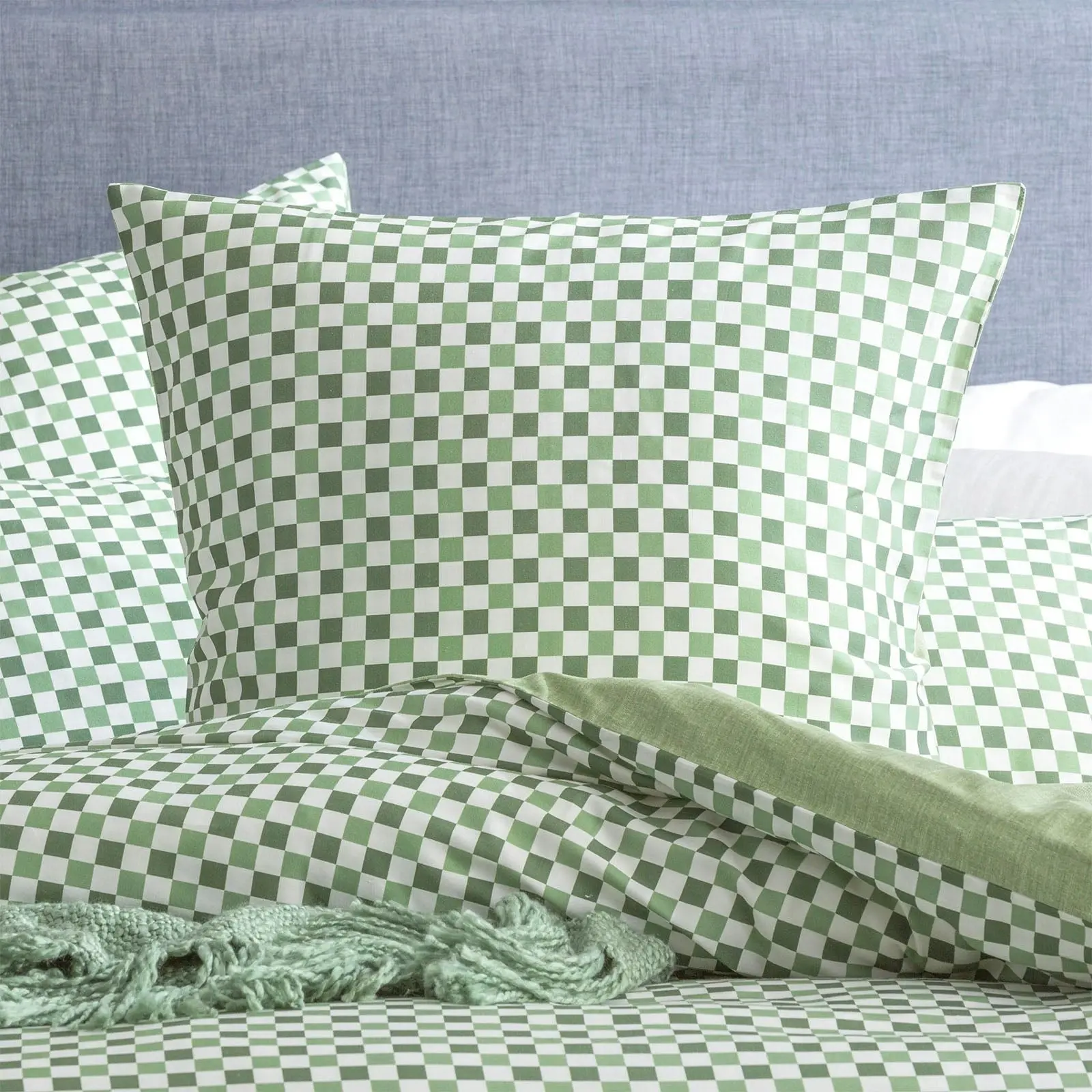 Chessboard Sage Quilt cover set 300 Thread Count Cotton Reversible