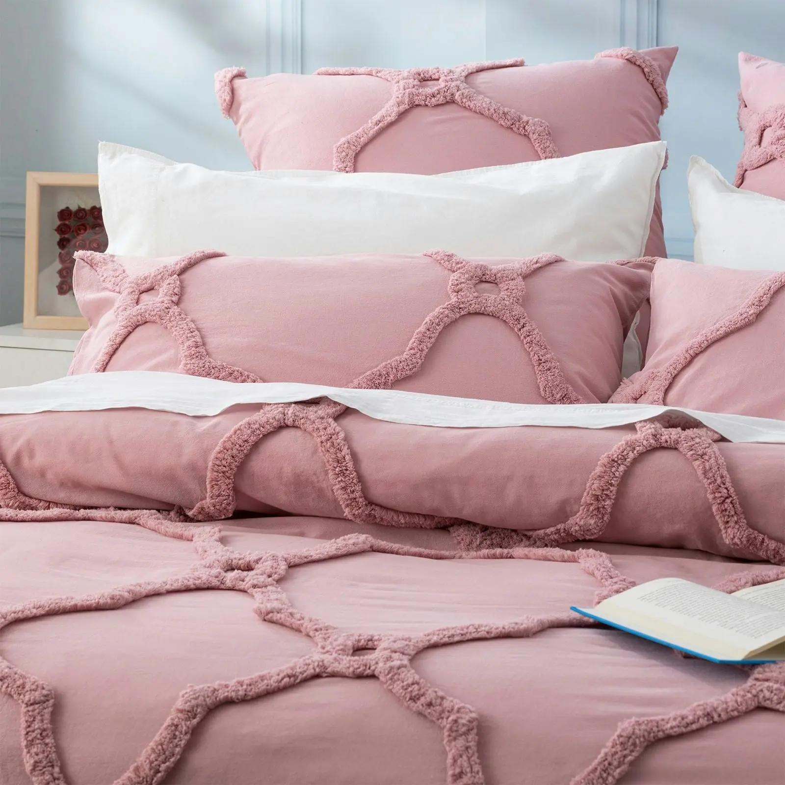 Moroccan Quilt Cover Tufted Cotton Chenille Set Blush