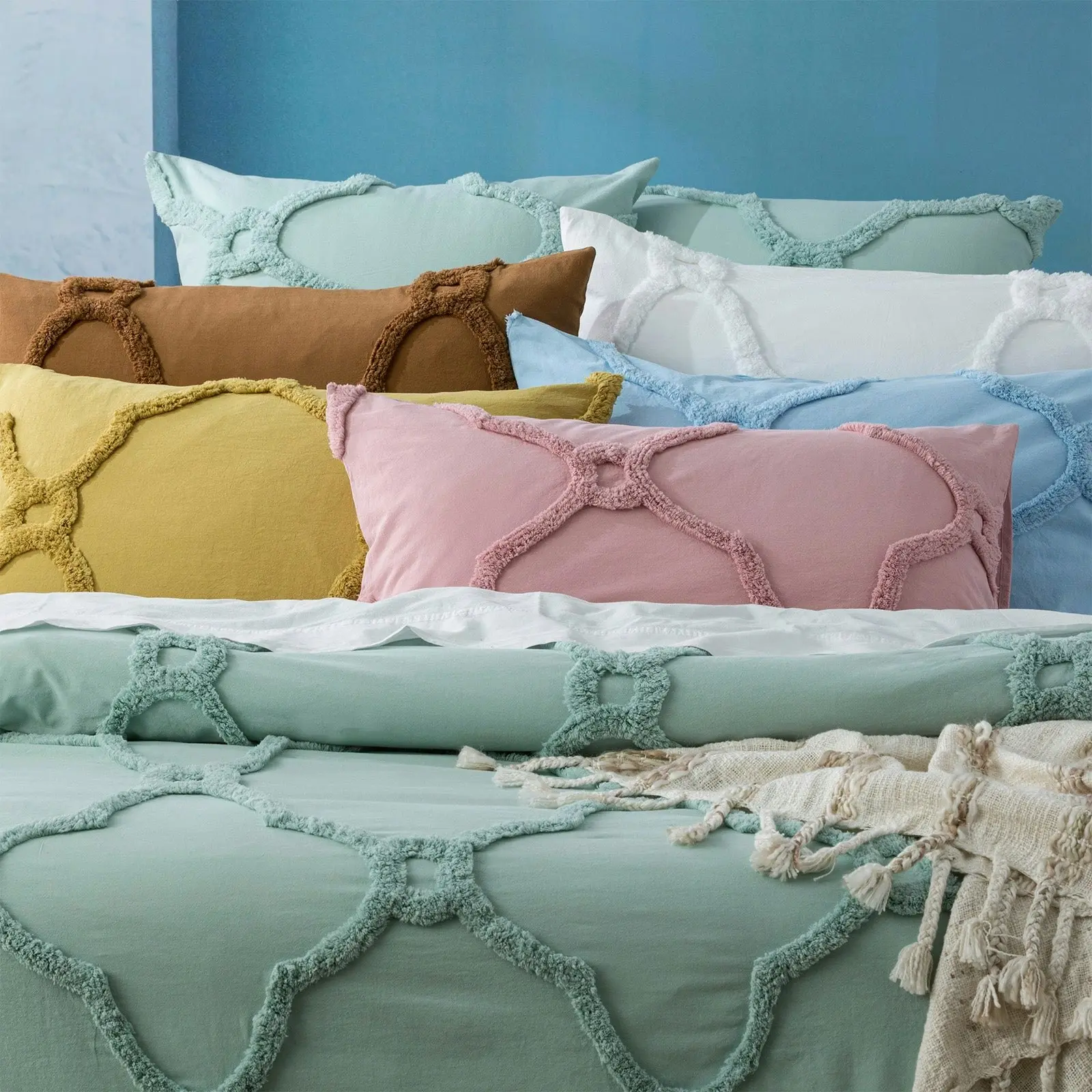 Moroccan Quilt Cover Tufted Cotton Chenille Set Sky