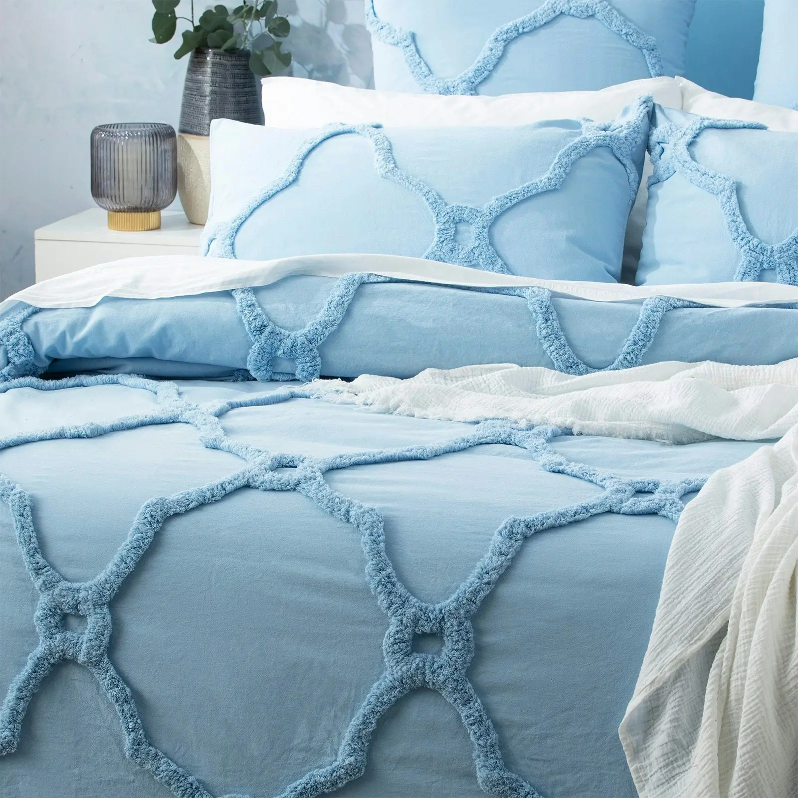 Moroccan Quilt Cover Tufted Cotton Chenille Set Sky