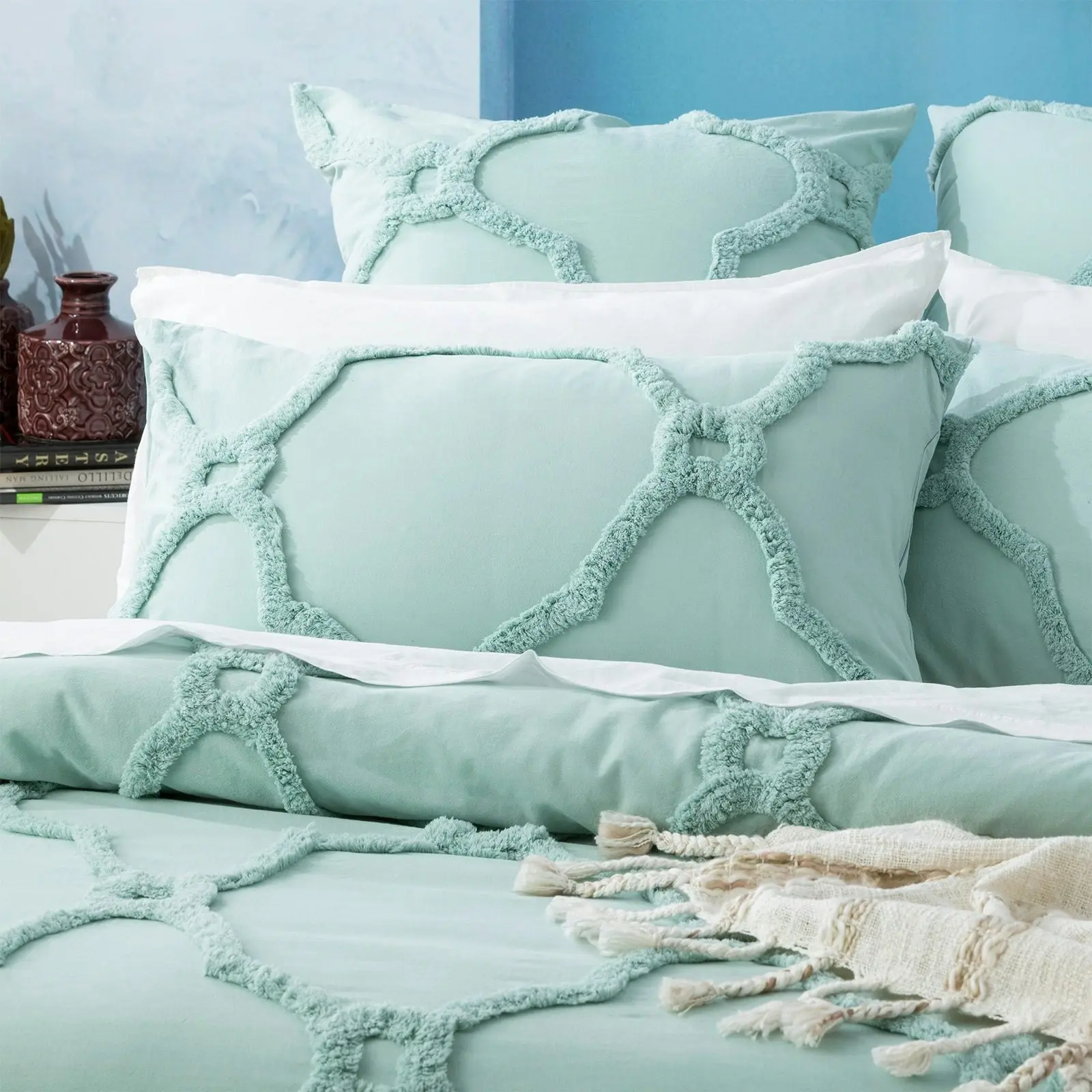 Moroccan Quilt Cover Tufted Cotton Chenille Set Sage