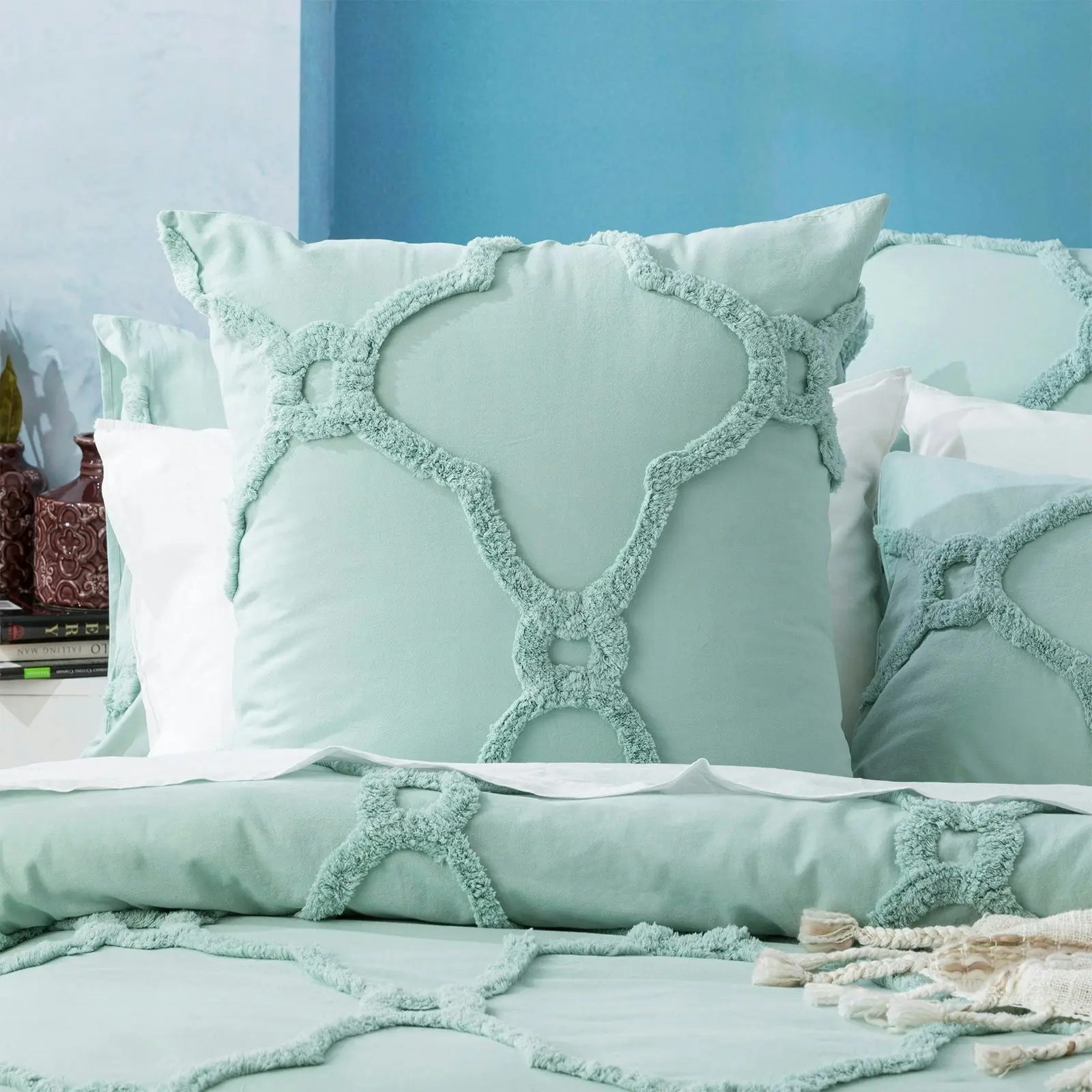 Moroccan Quilt Cover Tufted Cotton Chenille Set Sage