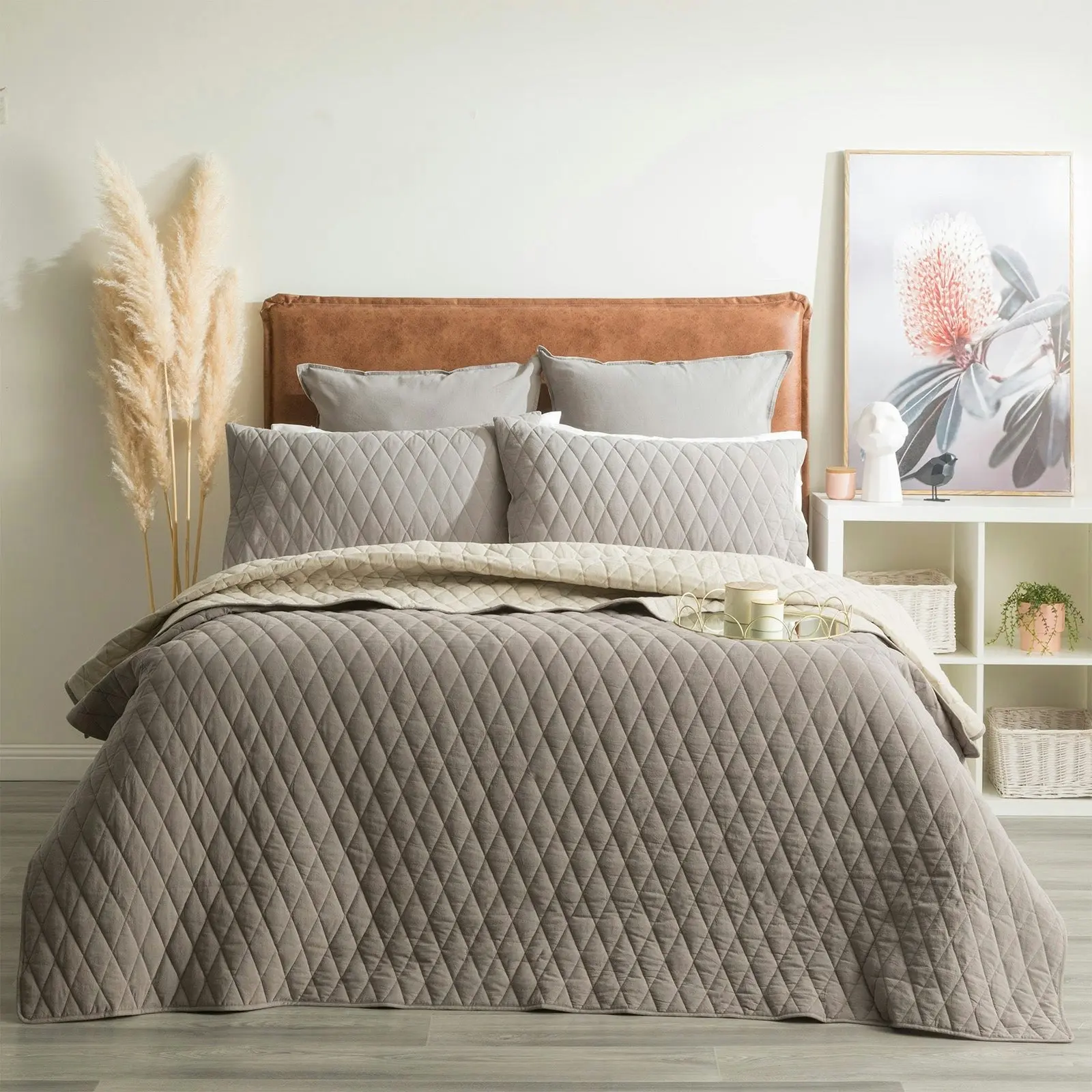 Coverlet Diamante Quilted Cotton Reversible Set Charcoal