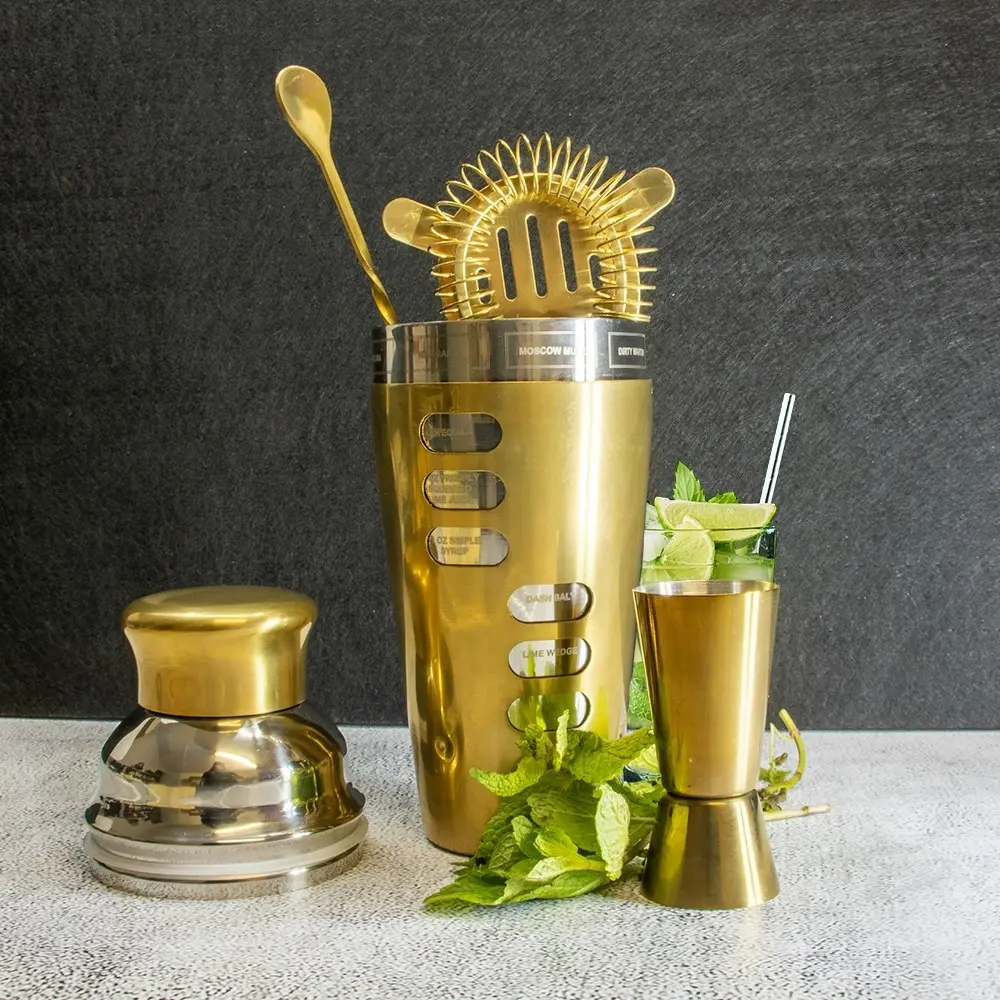 Refined Gifts Shaker Bar Tool Set Brushed Gold