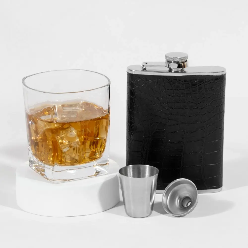 Hip Flask Gift Pack Textured Black Leather