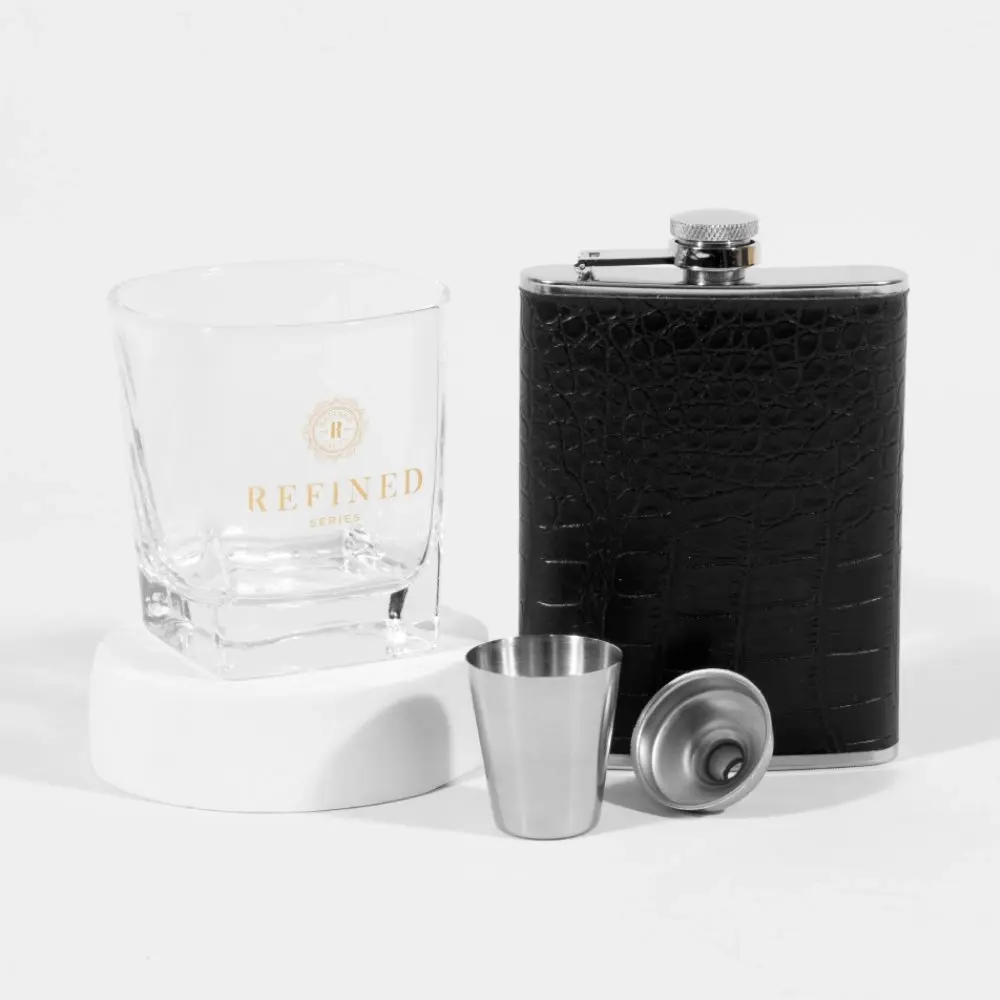 Hip Flask Gift Pack Textured Black Leather