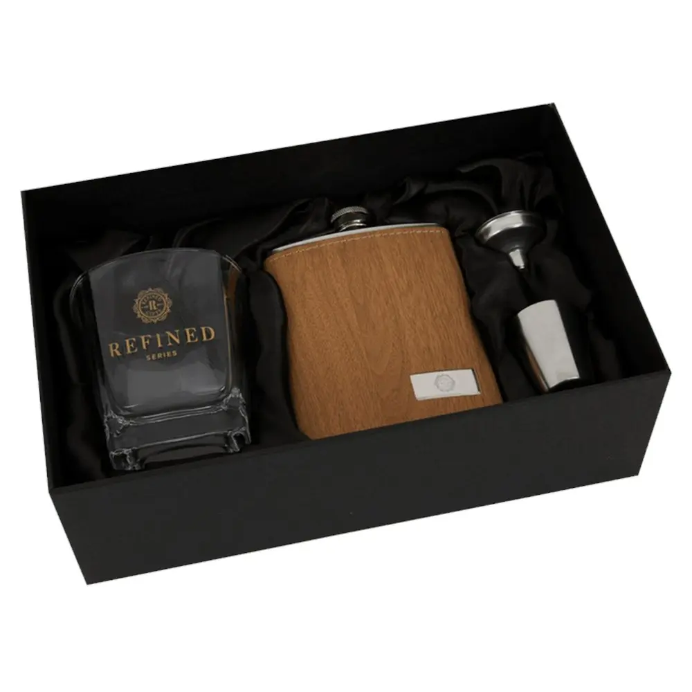 Refined Gifts Wood Grain Hip Flask Gift Pack