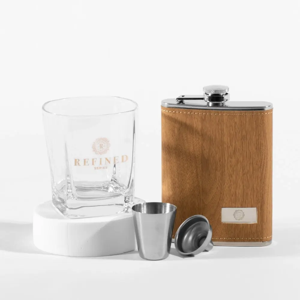 Refined Gifts Wood Grain Hip Flask Gift Pack