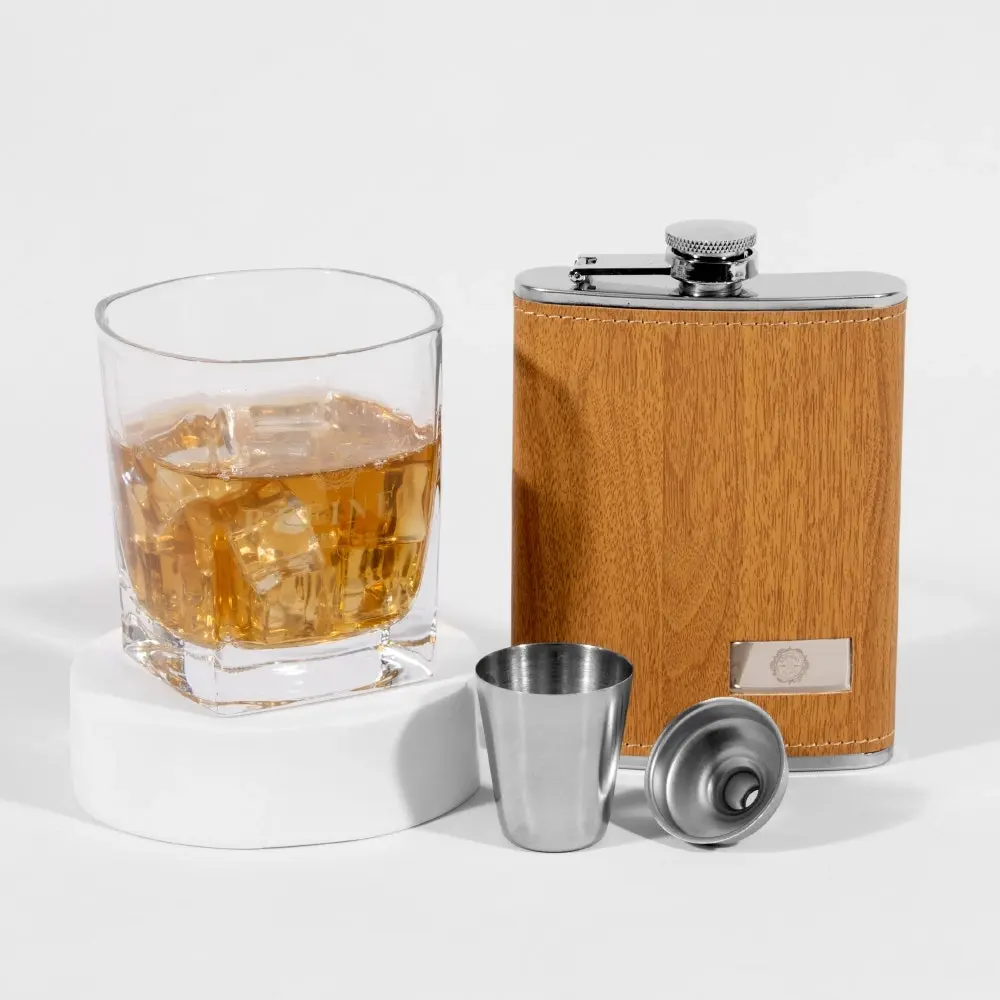 Refined Gifts Wood Grain Hip Flask Gift Pack