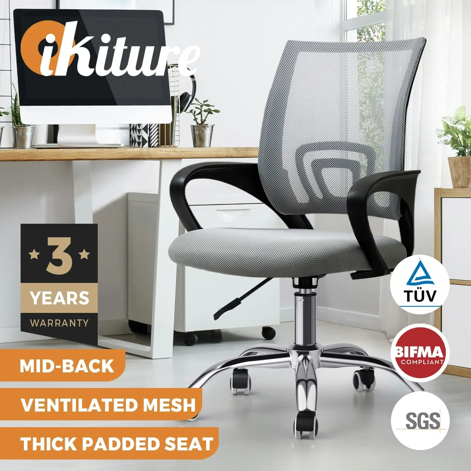 Oikiture Office Chair Computer Chairs Gaming Mesh Backrest Foam Seat Grey