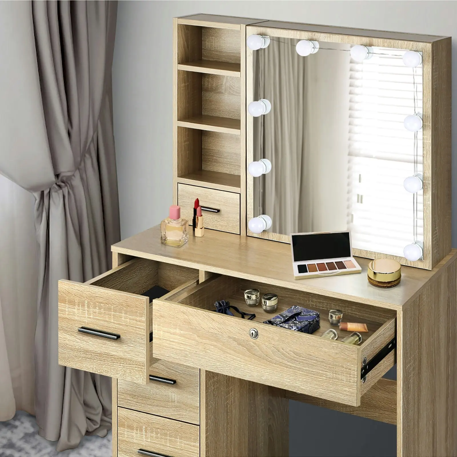 Oikiture Dressing Table Stool Set Makeup Slide Mirror Drawer 10 LED Bulbs Wooden