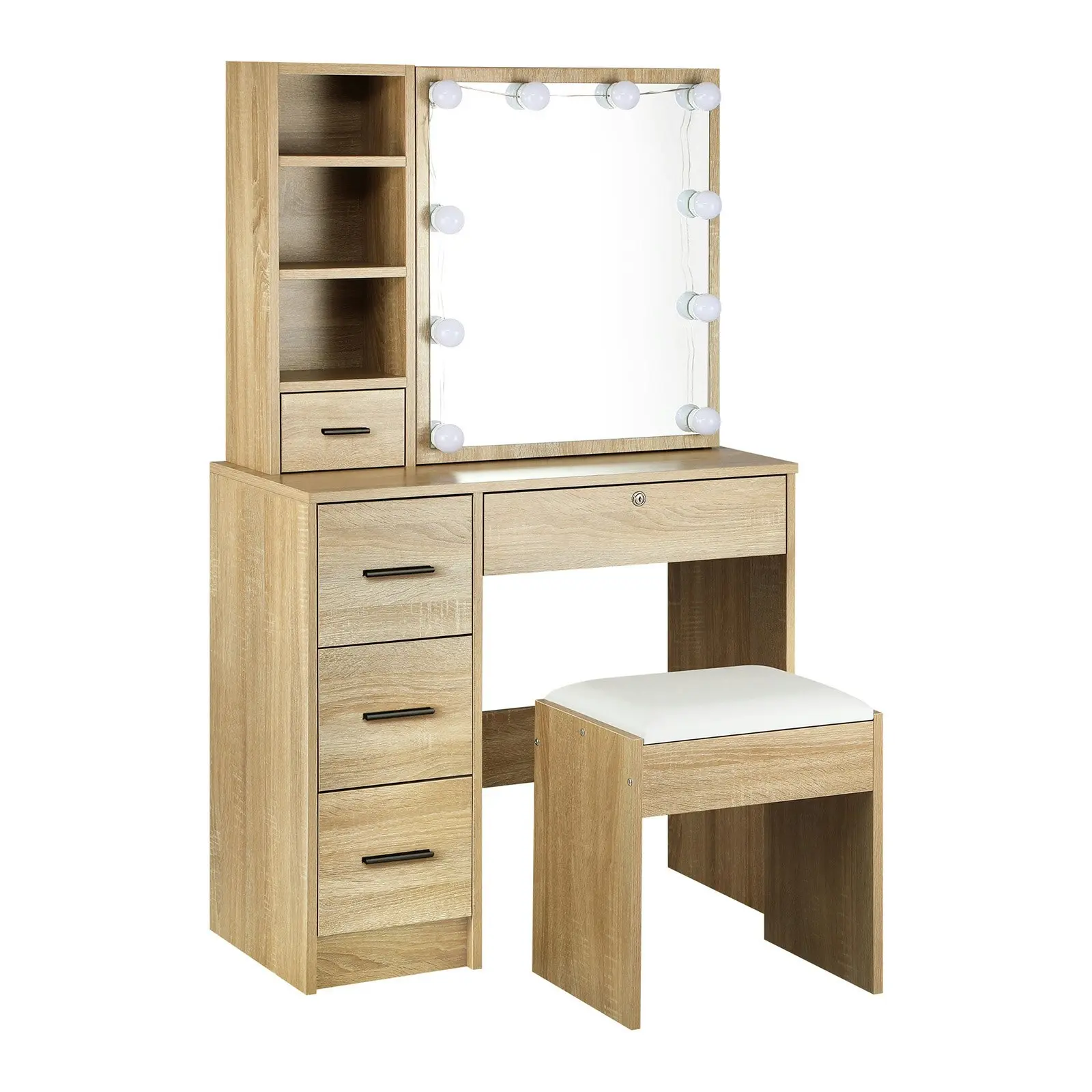 Oikiture Dressing Table Stool Set Makeup Slide Mirror Drawer 10 LED Bulbs Wooden