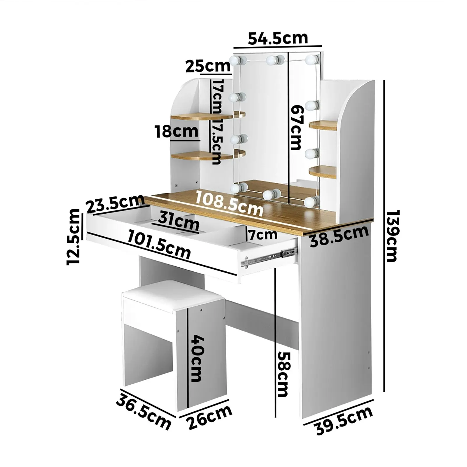 Oikiture Dressing Table Stool Set Makeup Mirror Storage Drawer 10 LED Bulbs