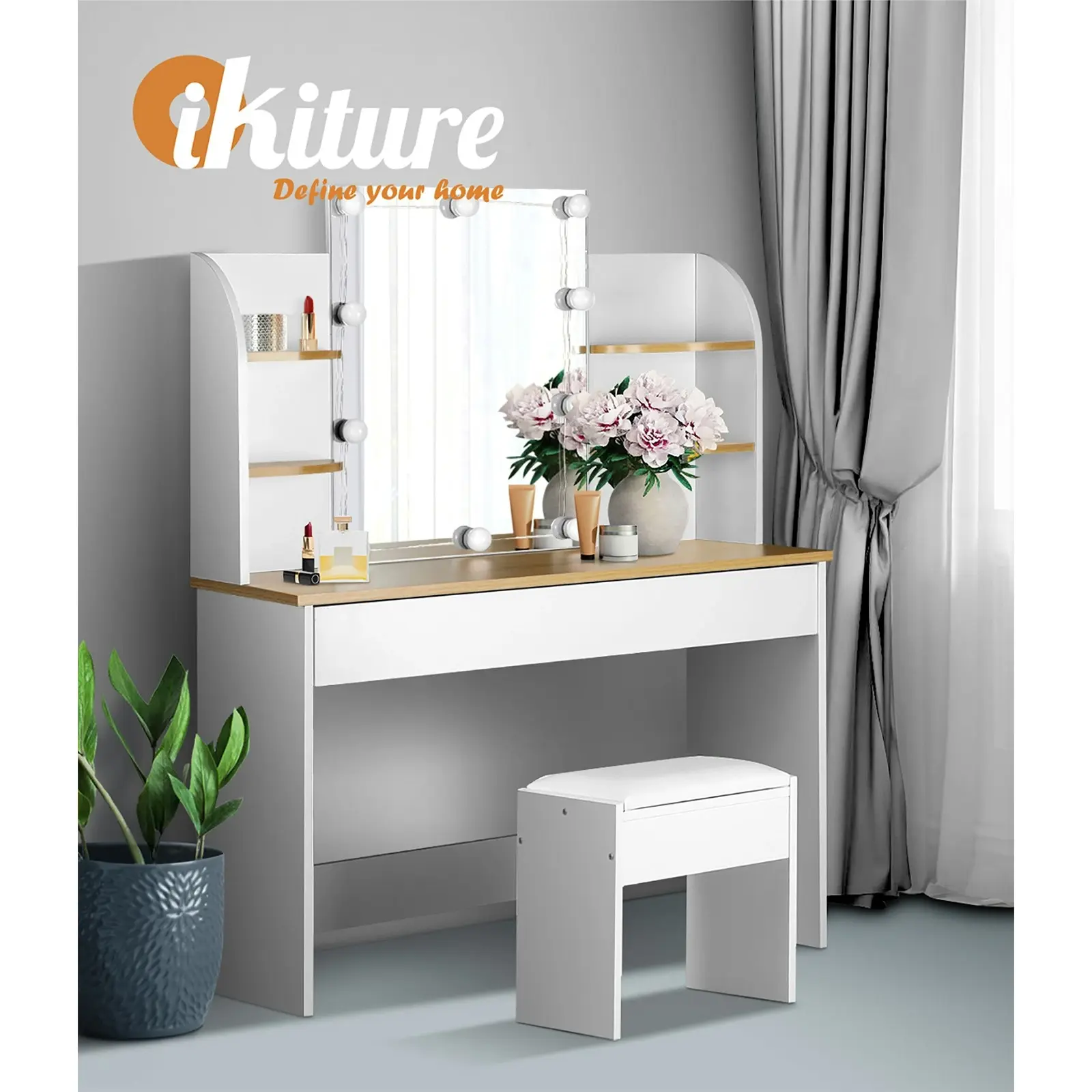 Oikiture Dressing Table Stool Set Makeup Mirror Storage Drawer 10 LED Bulbs