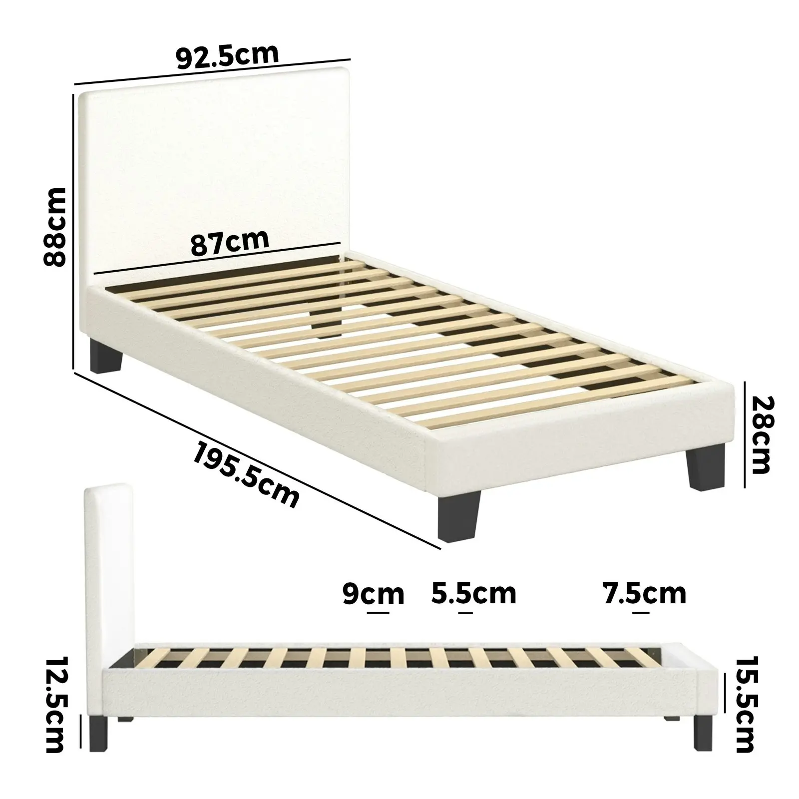 Oikiture Bed Frame Single Size Mattress Base Boucle Fabric Platform Wooden Slats