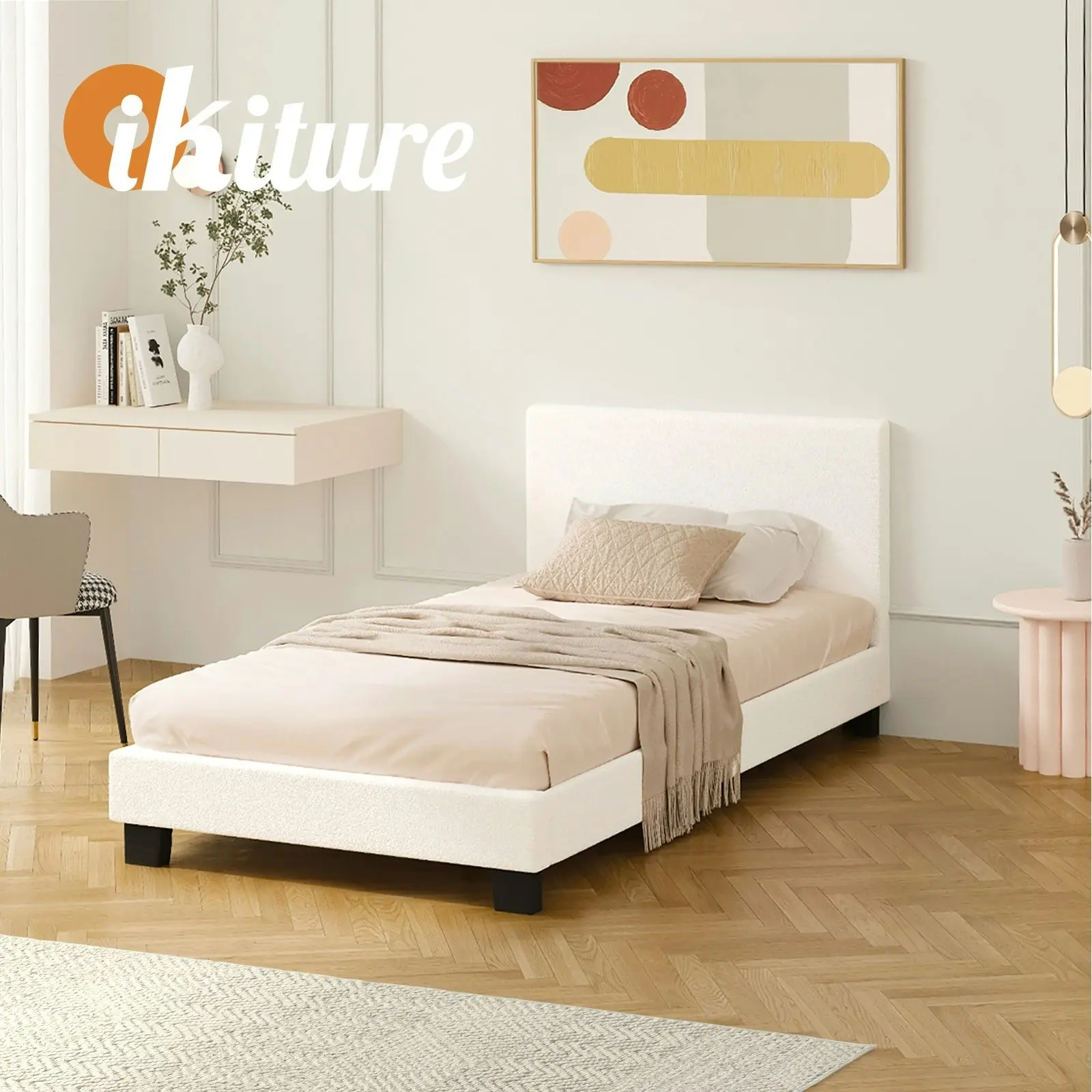 Oikiture Bed Frame Single Size Mattress Base Boucle Fabric Platform Wooden Slats