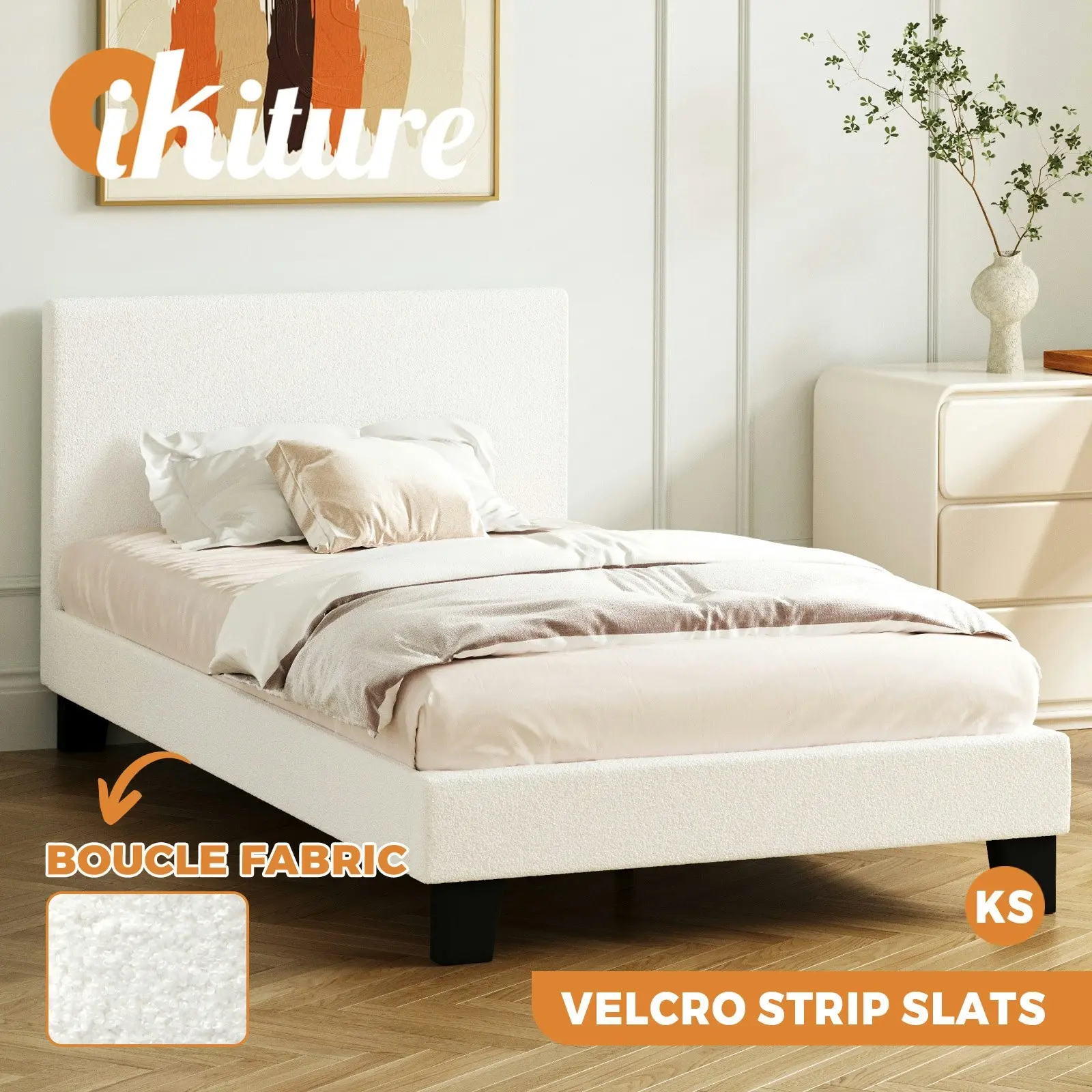 Oikiture Bed Frame King Single Size Mattress Base Boucle Fabric Platform Wooden