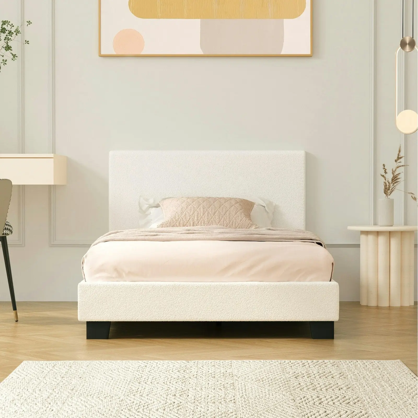 Oikiture Bed Frame King Single Size Mattress Base Boucle Fabric Platform Wooden