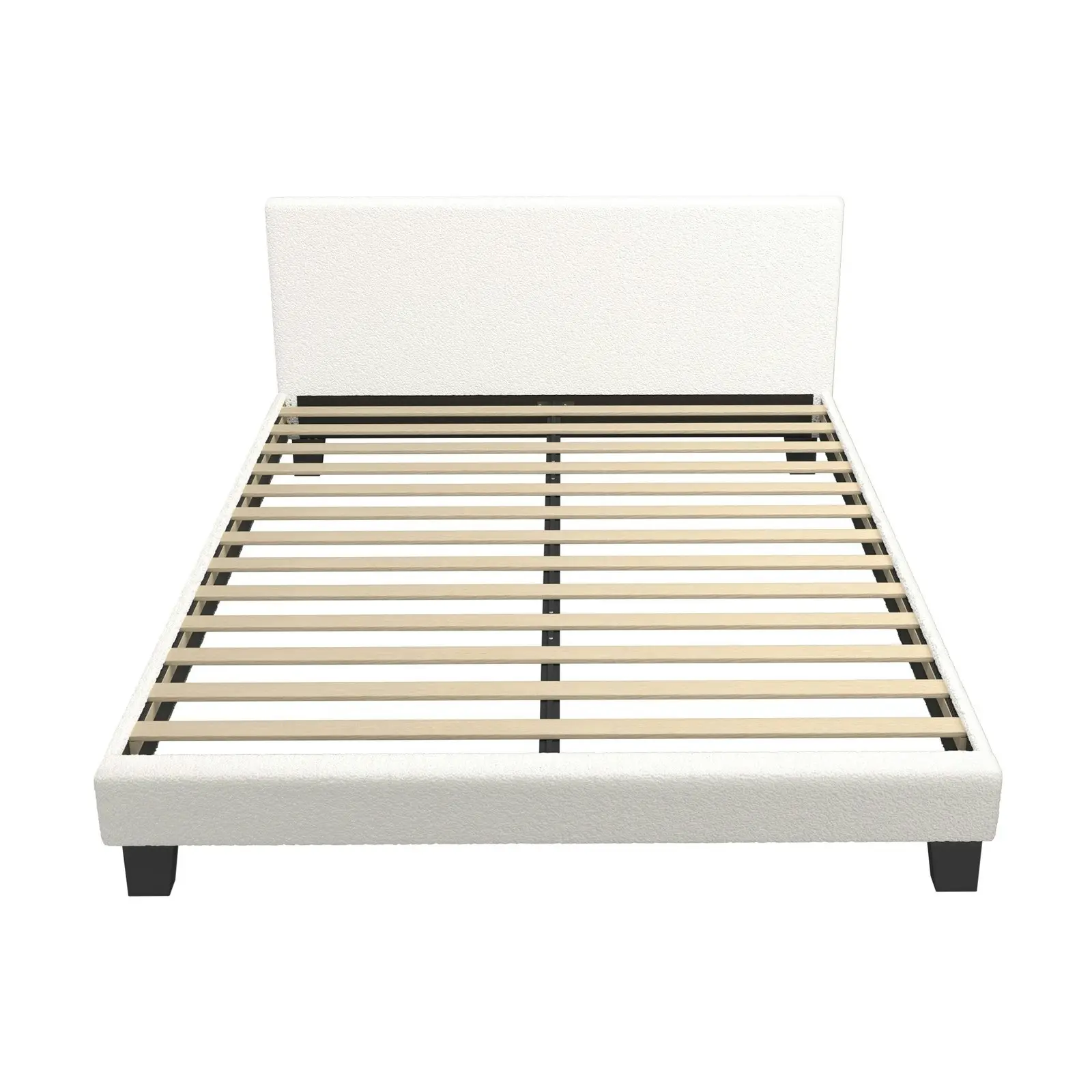 Oikiture Bed Frame Double Size Mattress Base Boucle Fabric Platform Wooden Slats