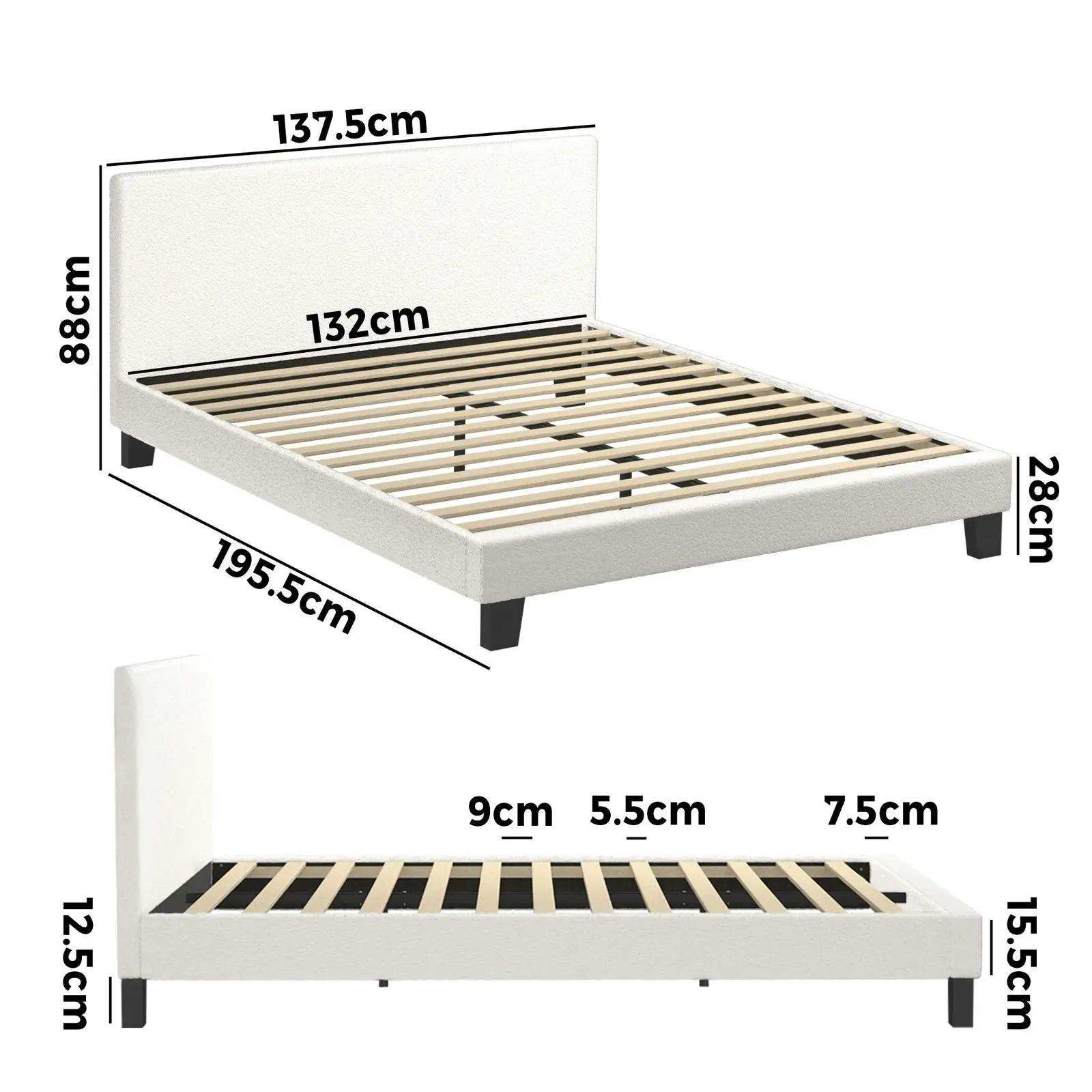 Oikiture Bed Frame Double Size Mattress Base Boucle Fabric Platform Wooden Slats