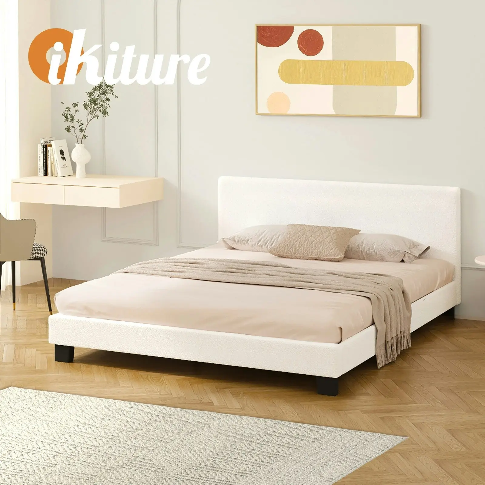 Oikiture Bed Frame King Size Mattress Base Boucle Fabric Platform Wooden Slats