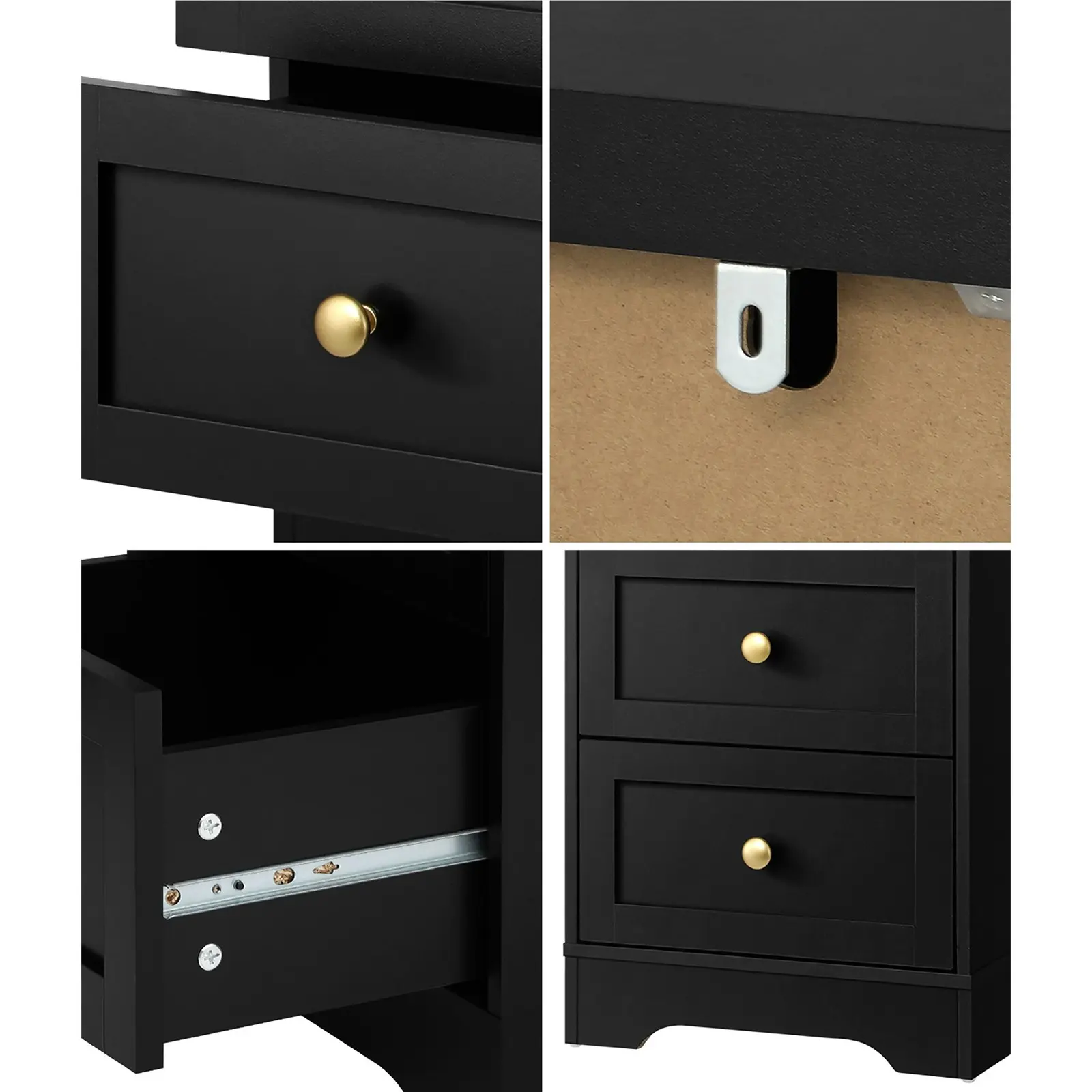 Oikiture Bedside Tables 2 Drawers Hamptons Furniture Storage Cabinet Black