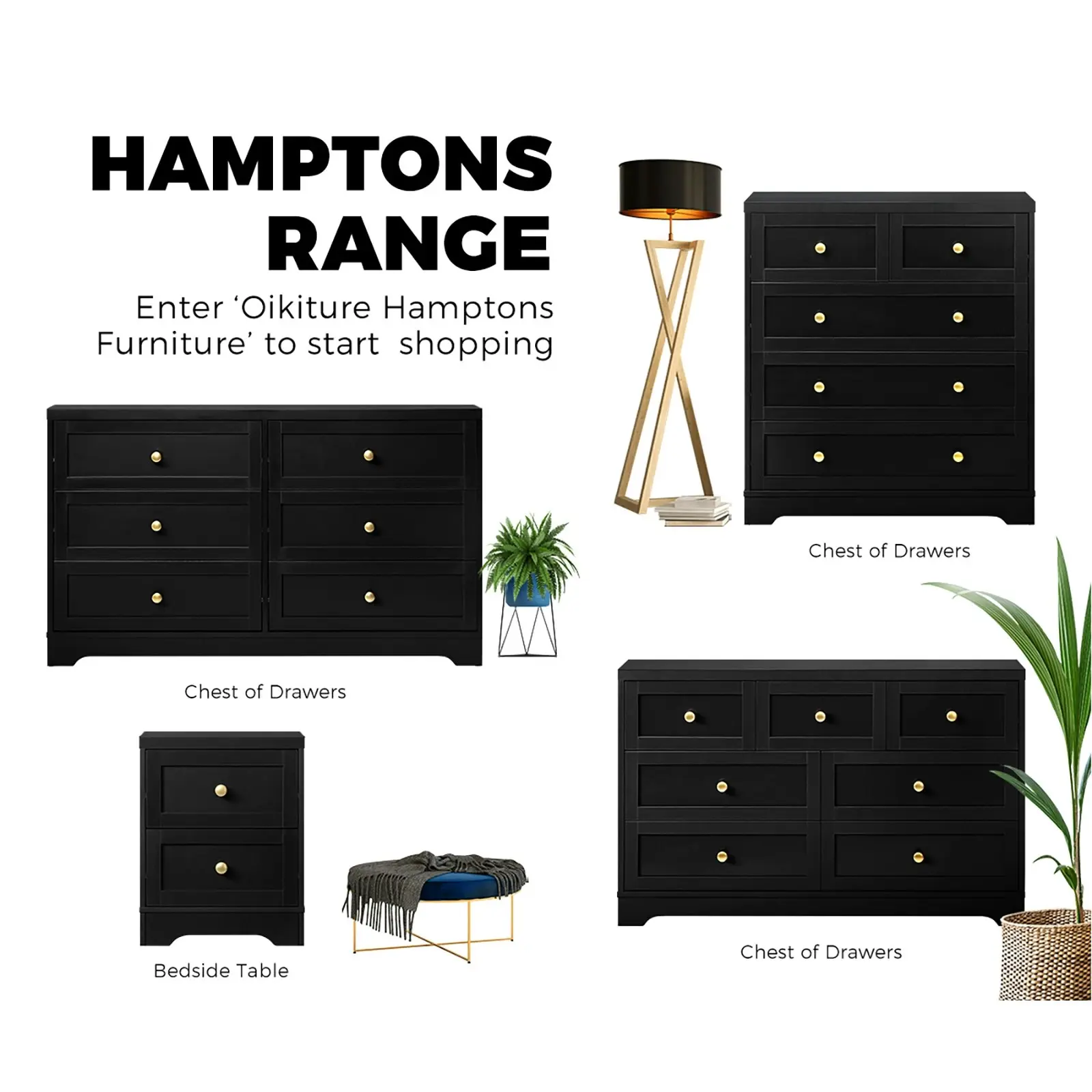 Oikiture Bedside Tables 2 Drawers Hamptons Furniture Storage Cabinet Black