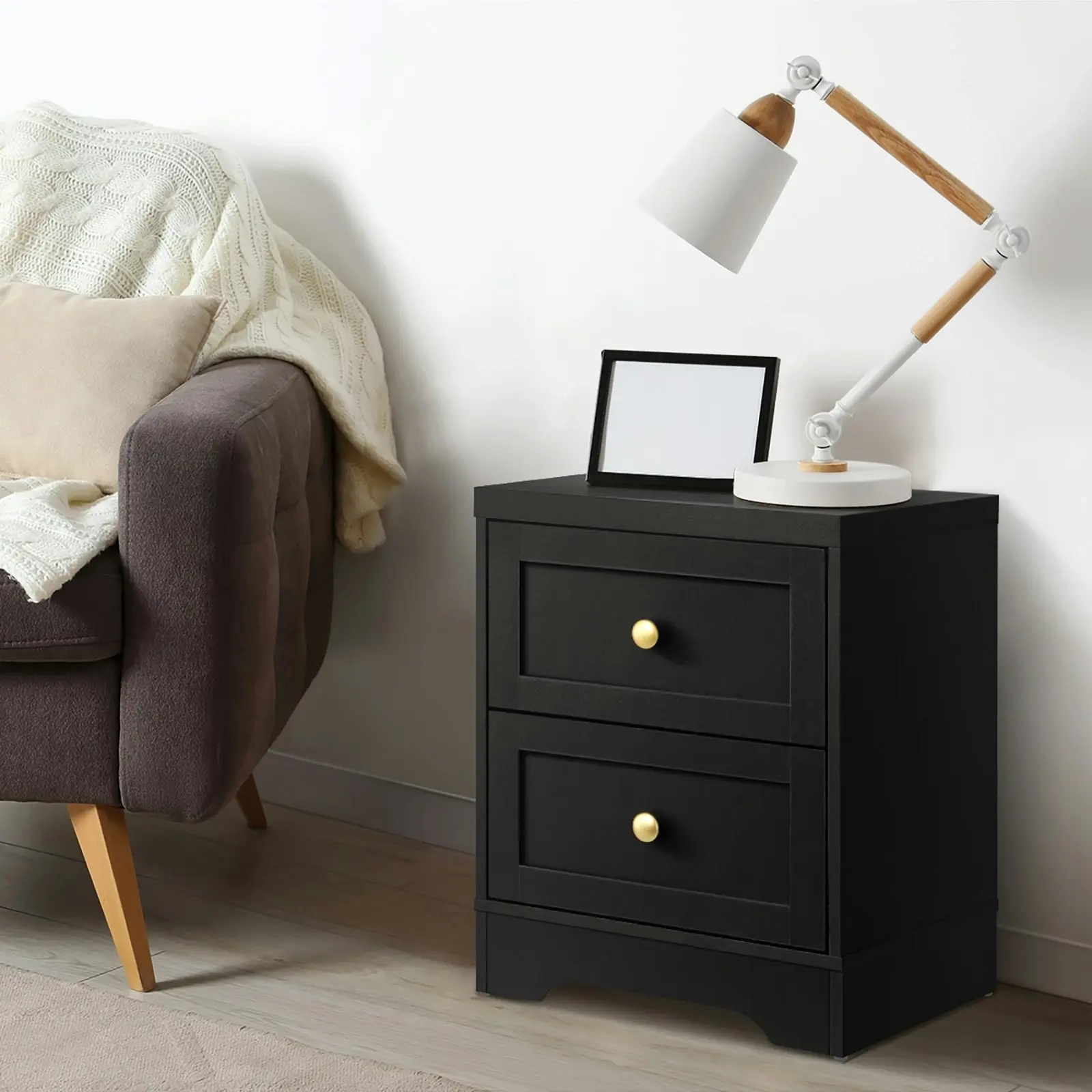 Oikiture Bedside Tables 2 Drawers Hamptons Furniture Storage Cabinet Black