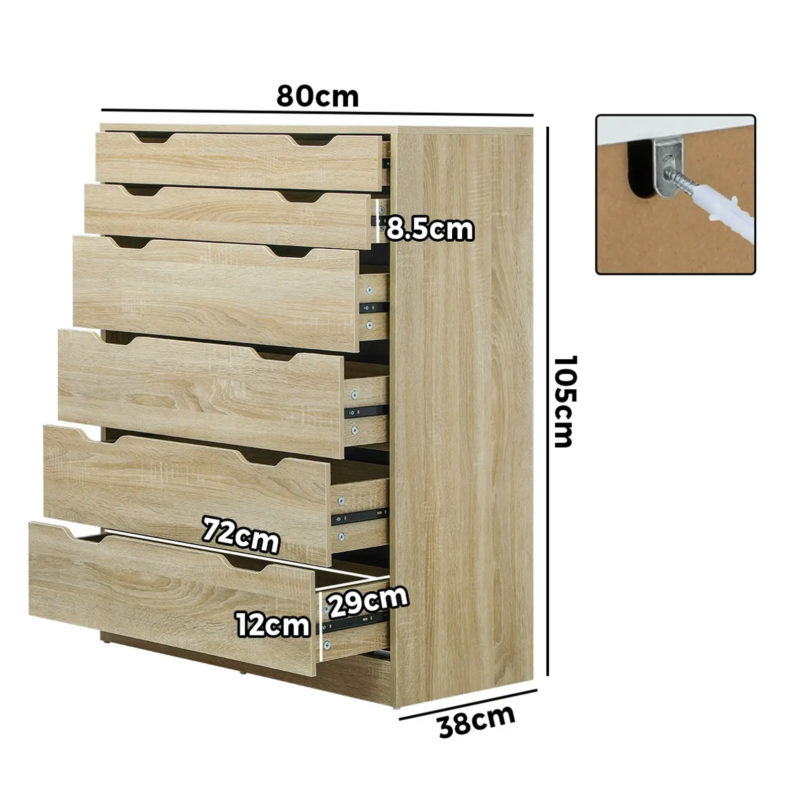 Oikiture 6 Chest of Drawers Tallboy Wooden Natural PMA