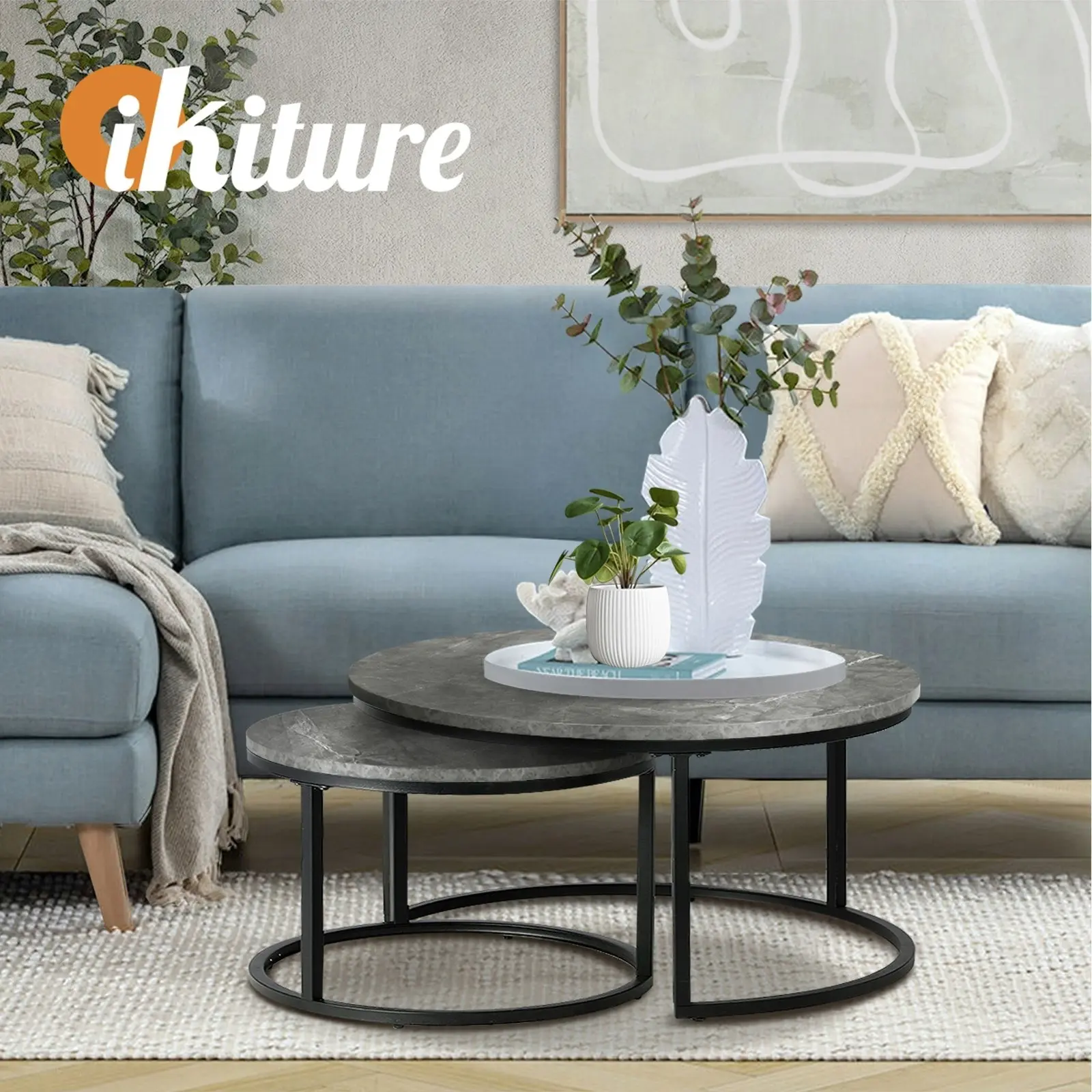 Oikiture Set of 2 Coffee Table Round Marble Nesting Side End Table Grey & Black