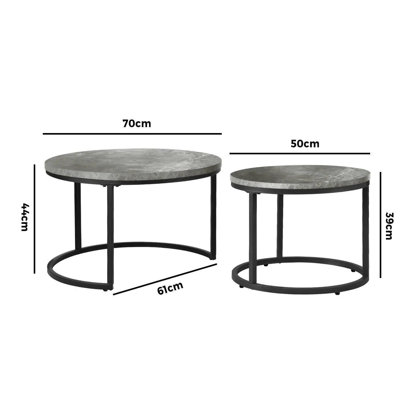 Oikiture Set of 2 Coffee Table Round Marble Nesting Side End Table Grey & Black