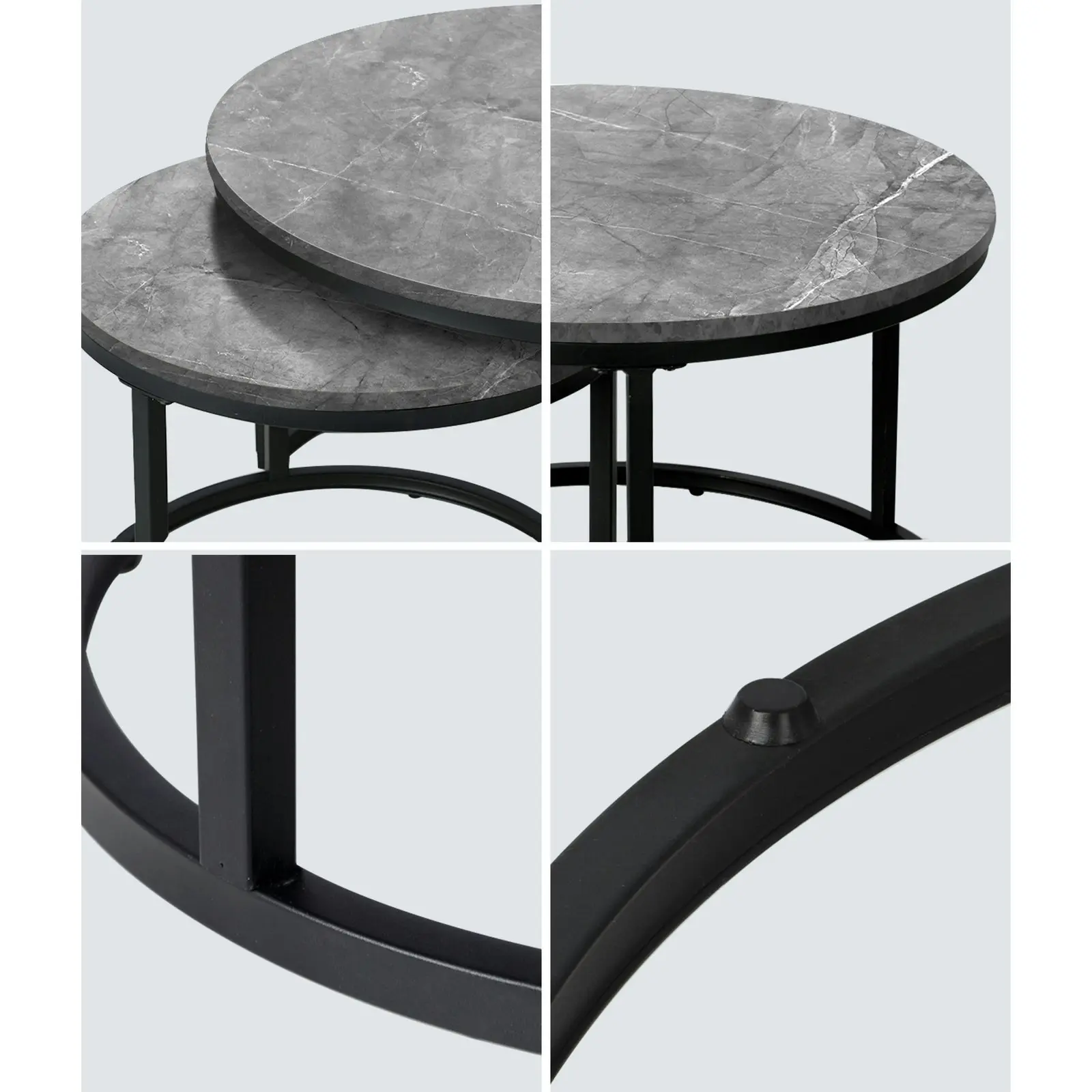 Oikiture Set of 2 Coffee Table Round Marble Nesting Side End Table Grey & Black