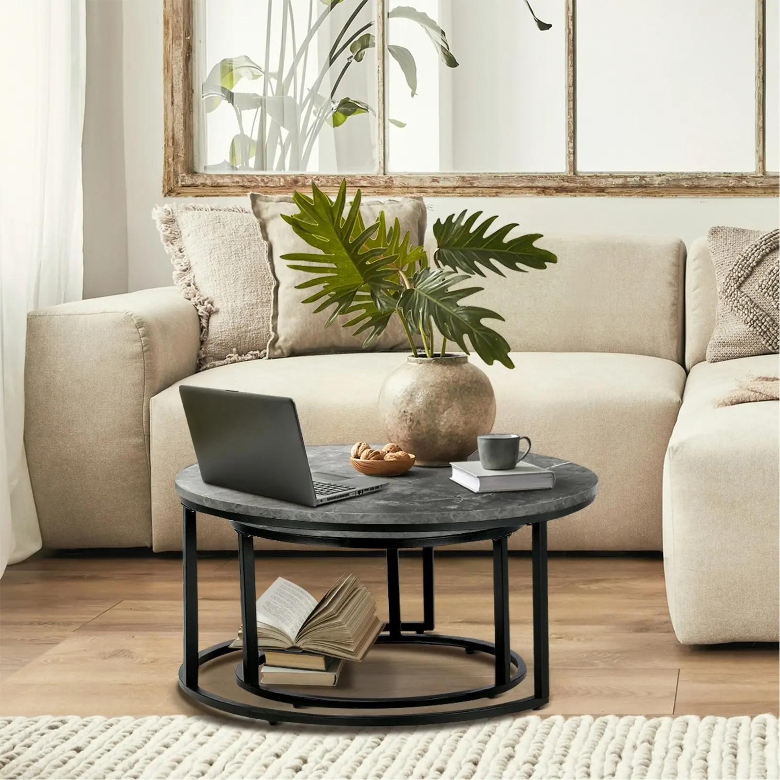 Oikiture Set of 2 Coffee Table Round Marble Nesting Side End Table Grey & Black