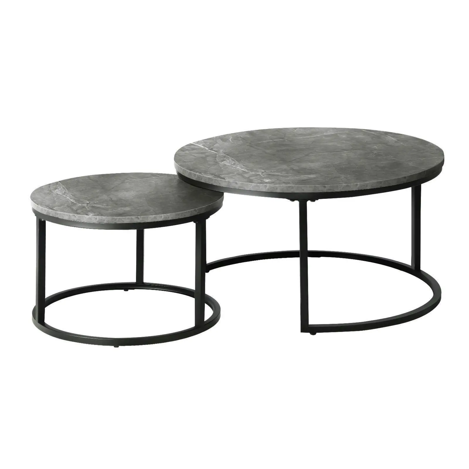 Oikiture Set of 2 Coffee Table Round Marble Nesting Side End Table Grey & Black