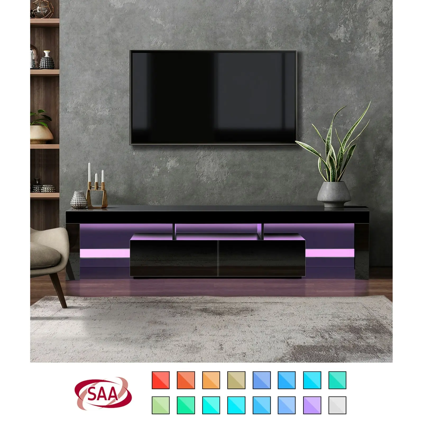 Oikiture TV Cabinet Entertainment Unit Stand LED RGB Gloss Furniture Black 180CM