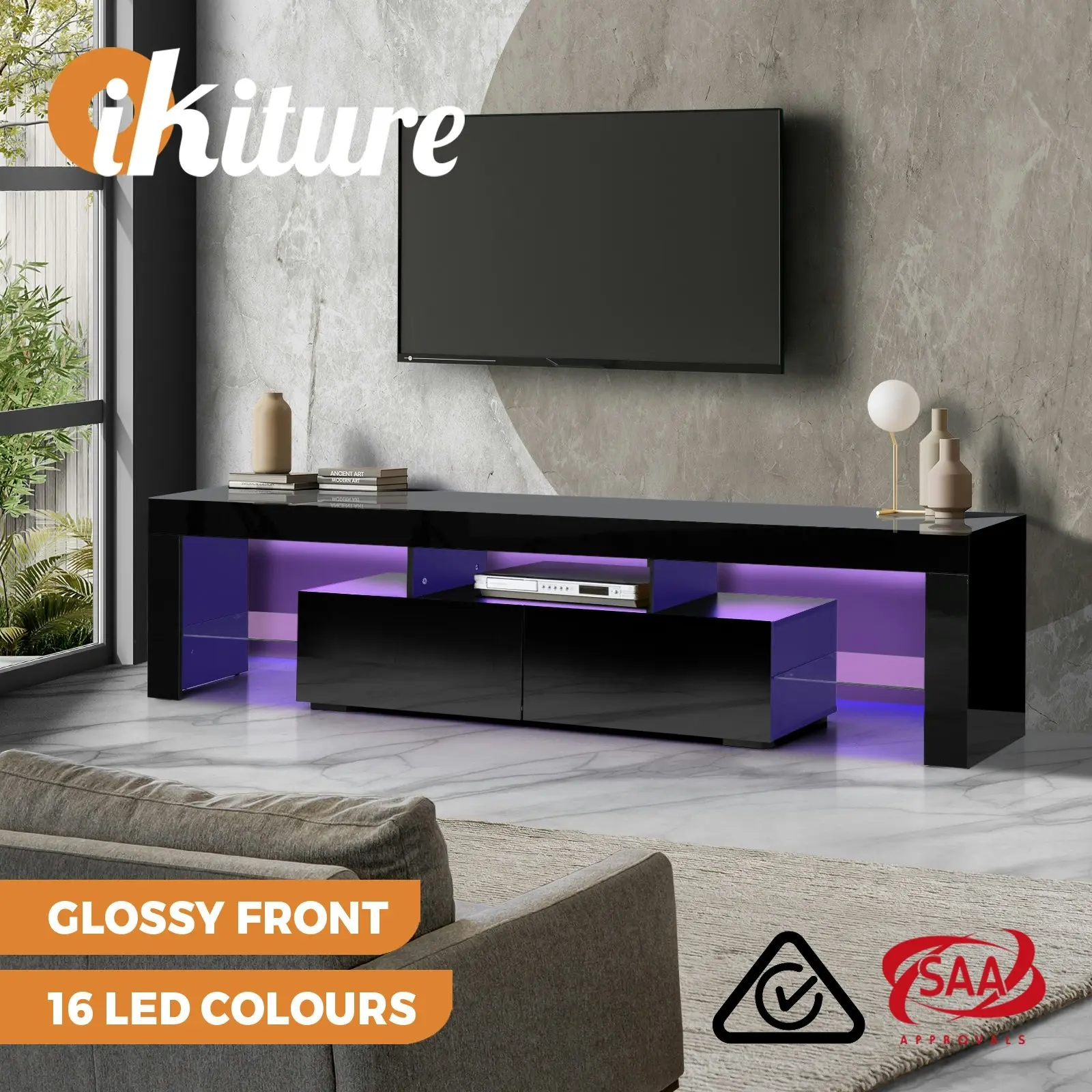 Oikiture TV Cabinet Entertainment Unit Stand LED RGB Gloss Furniture Black 180CM