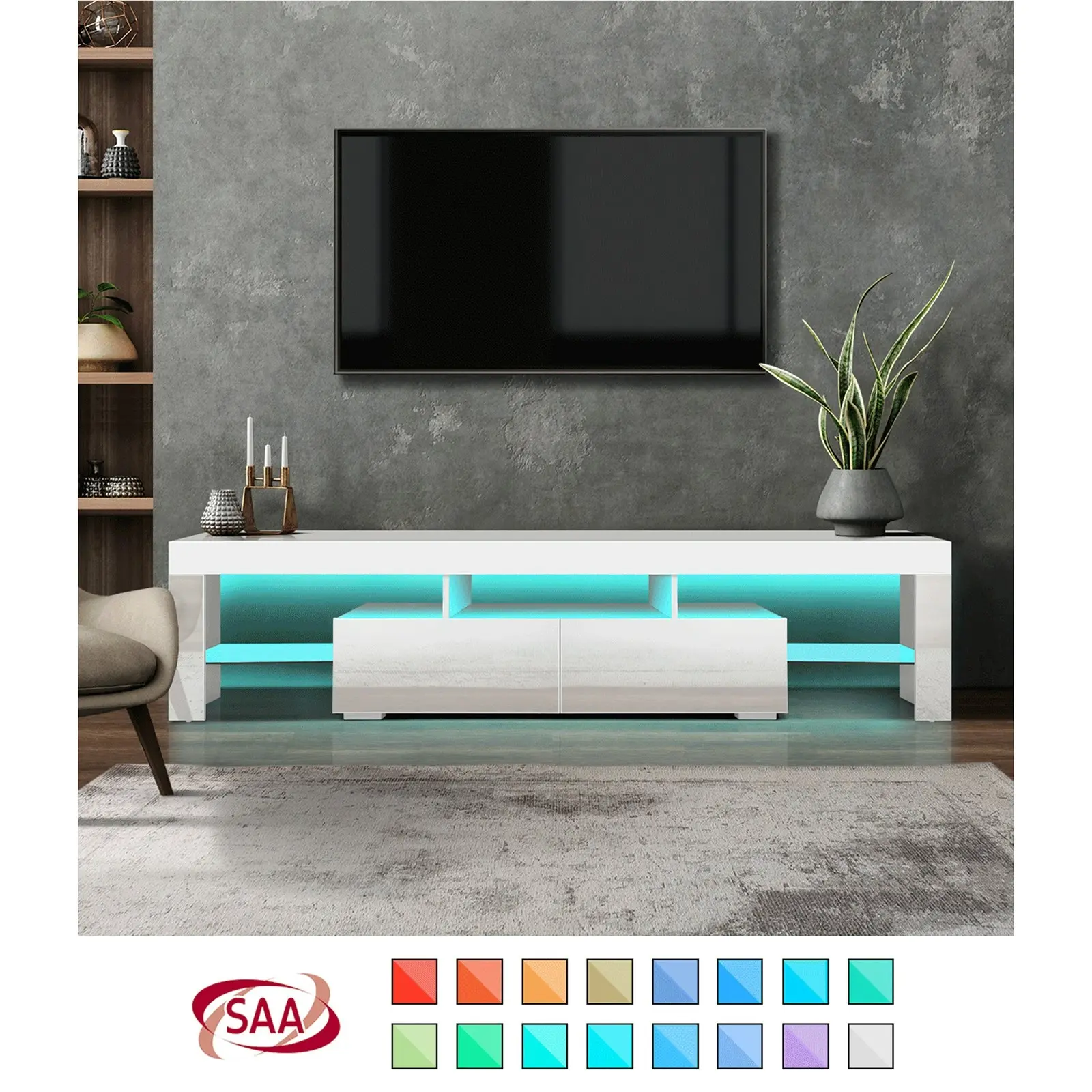 Oikiture TV Cabinet Entertainment Unit Stand LED RGB Gloss Furniture White 180CM