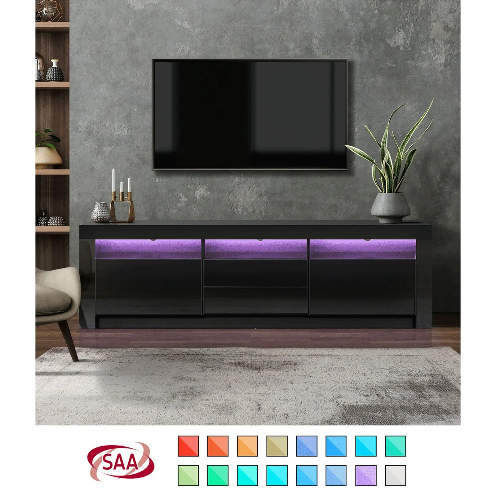 Oikiture TV Cabinet Entertainment Unit Stand RGB LED Gloss Furniture Black 180CM