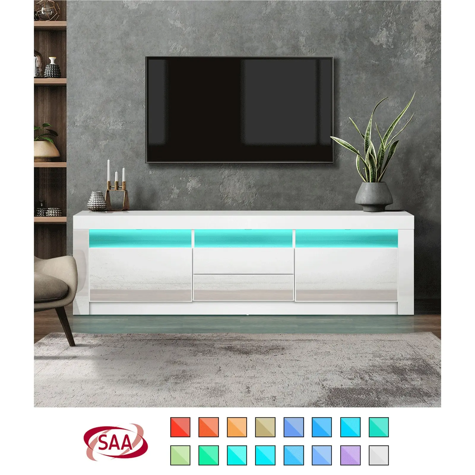 Oikiture TV Cabinet Entertainment Unit Stand RGB LED Gloss Furniture White 180CM