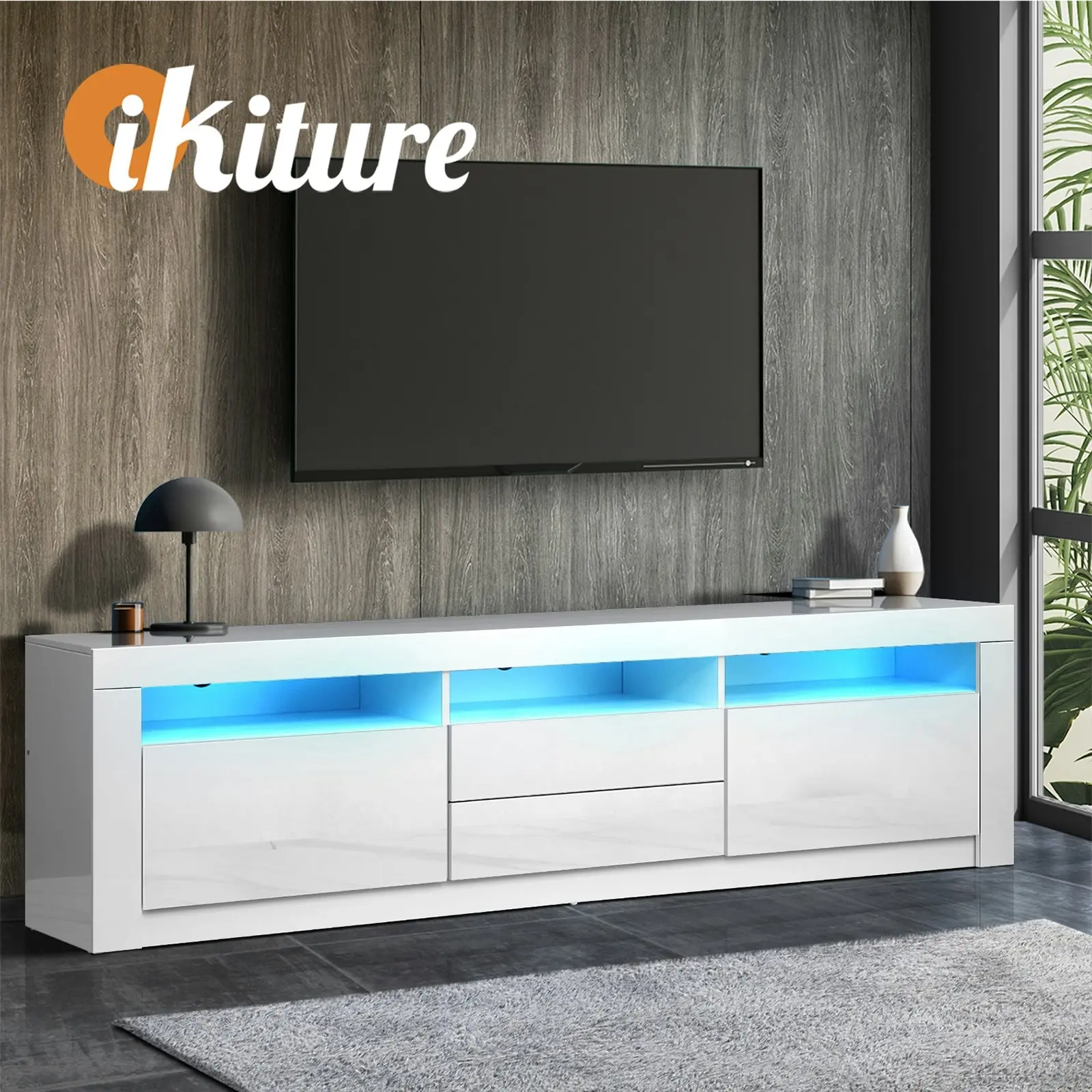 Oikiture TV Cabinet Entertainment Unit Stand RGB LED Gloss Furniture White 180CM